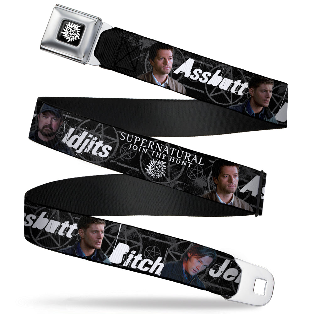 Winchester Logo Full Color Black White Seatbelt Belt - SUPERNATURAL 4-Character Poses/ASSBUTT-BITCH-JERK-IDJITS Black/Gray/White Webbing Seatbelt Belts Supernatural