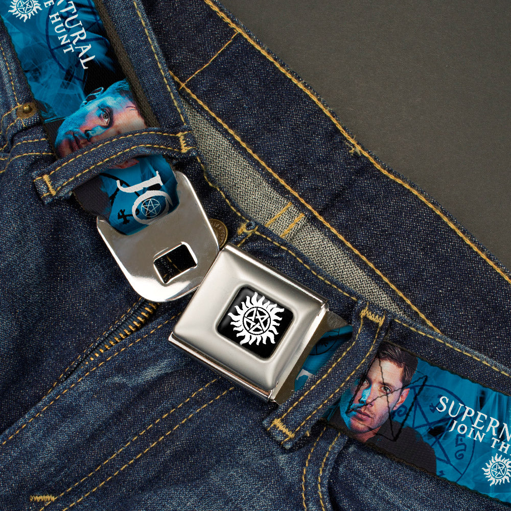 Winchester Logo Full Color Black White Seatbelt Belt - SUPERNATURAL Dean Pose/JOIN THE HUNT Blues/White Webbing Seatbelt Belts Supernatural