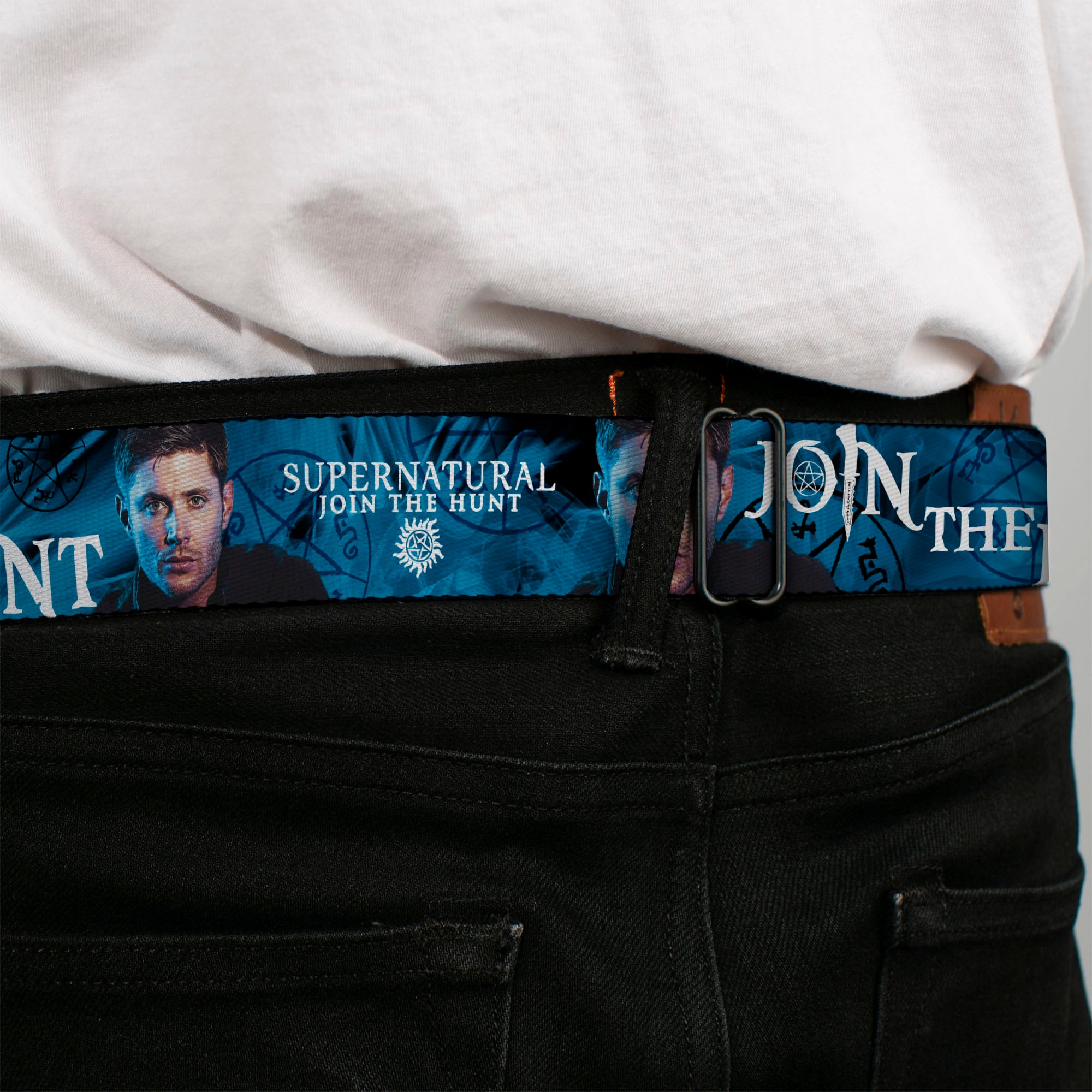 Winchester Logo Full Color Black White Seatbelt Belt - SUPERNATURAL Dean Pose/JOIN THE HUNT Blues/White Webbing Seatbelt Belts Supernatural