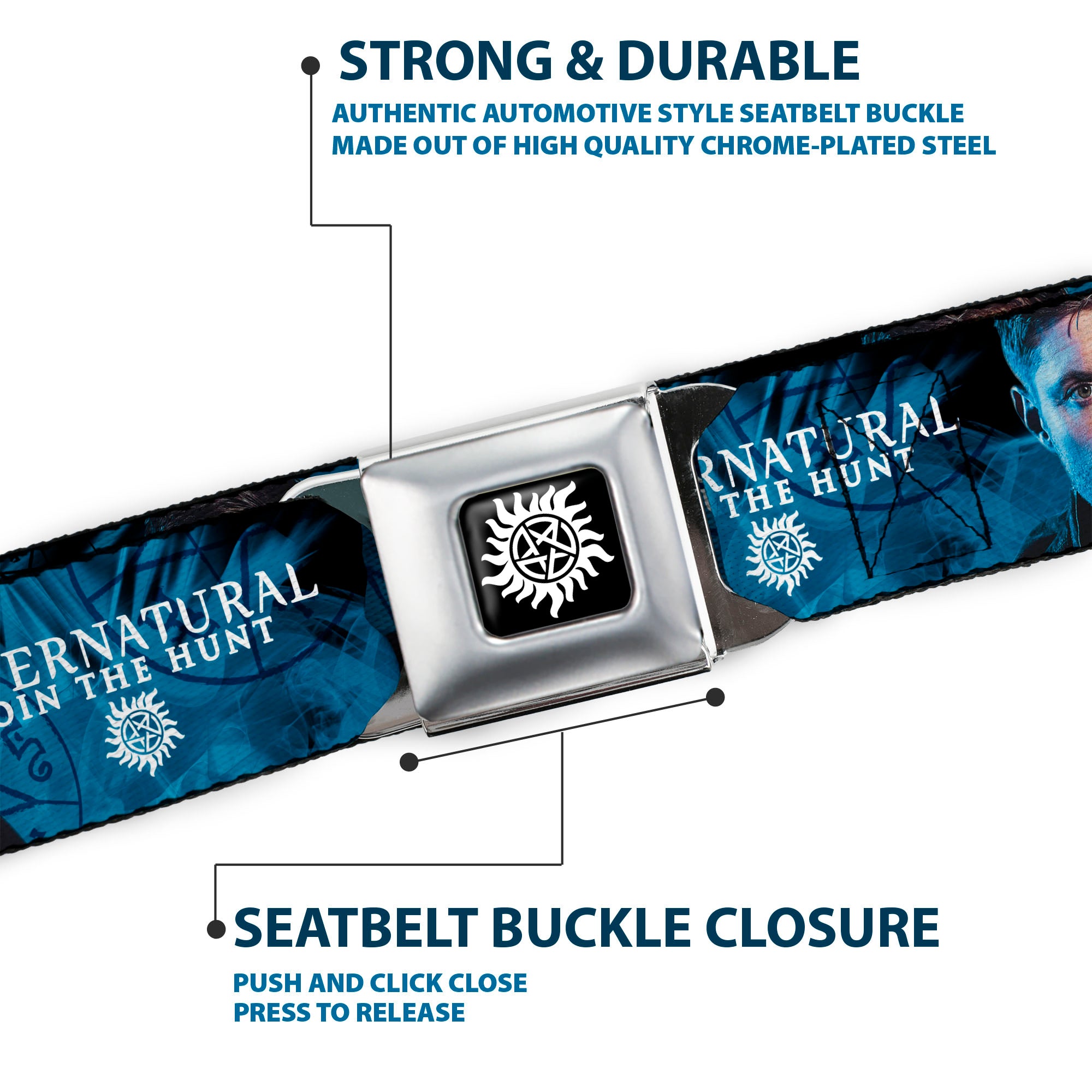 Winchester Logo Full Color Black White Seatbelt Belt - SUPERNATURAL Dean Pose/JOIN THE HUNT Blues/White Webbing Seatbelt Belts Supernatural