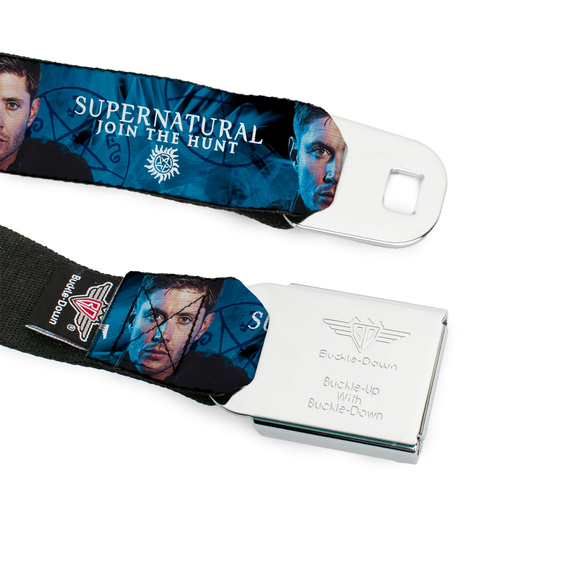 Winchester Logo Full Color Black White Seatbelt Belt - SUPERNATURAL Dean Pose/JOIN THE HUNT Blues/White Webbing Seatbelt Belts Supernatural