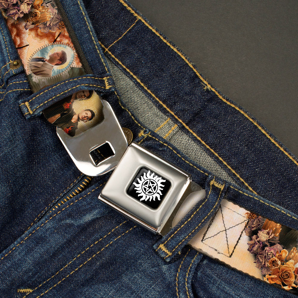 Winchester Logo Full Color Black White Seatbelt Belt - SUPERNATURAL 4-Character Saintly Icons/Skull & Roses Webbing Seatbelt Belts Supernatural