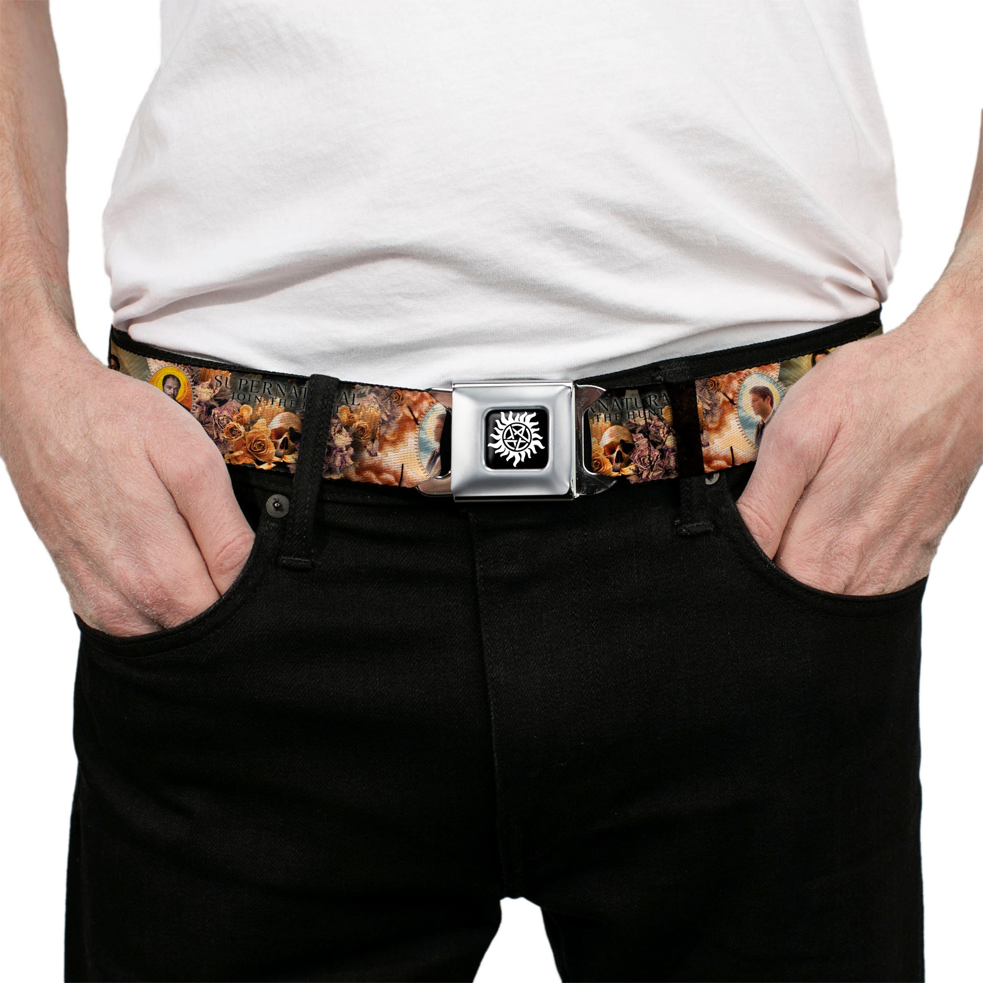 Winchester Logo Full Color Black White Seatbelt Belt - SUPERNATURAL 4-Character Saintly Icons/Skull & Roses Webbing Seatbelt Belts Supernatural