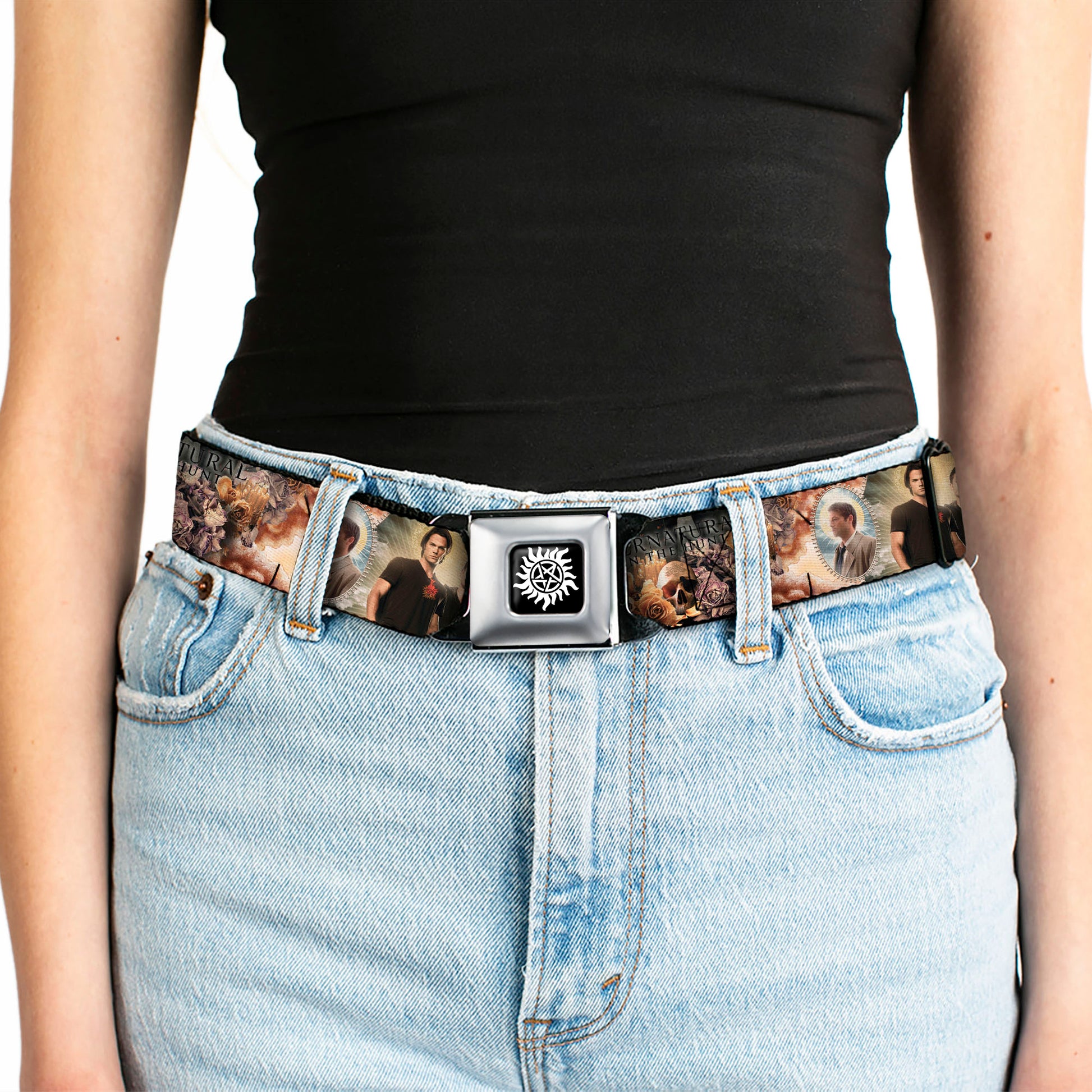 Winchester Logo Full Color Black White Seatbelt Belt - SUPERNATURAL 4-Character Saintly Icons/Skull & Roses Webbing Seatbelt Belts Supernatural