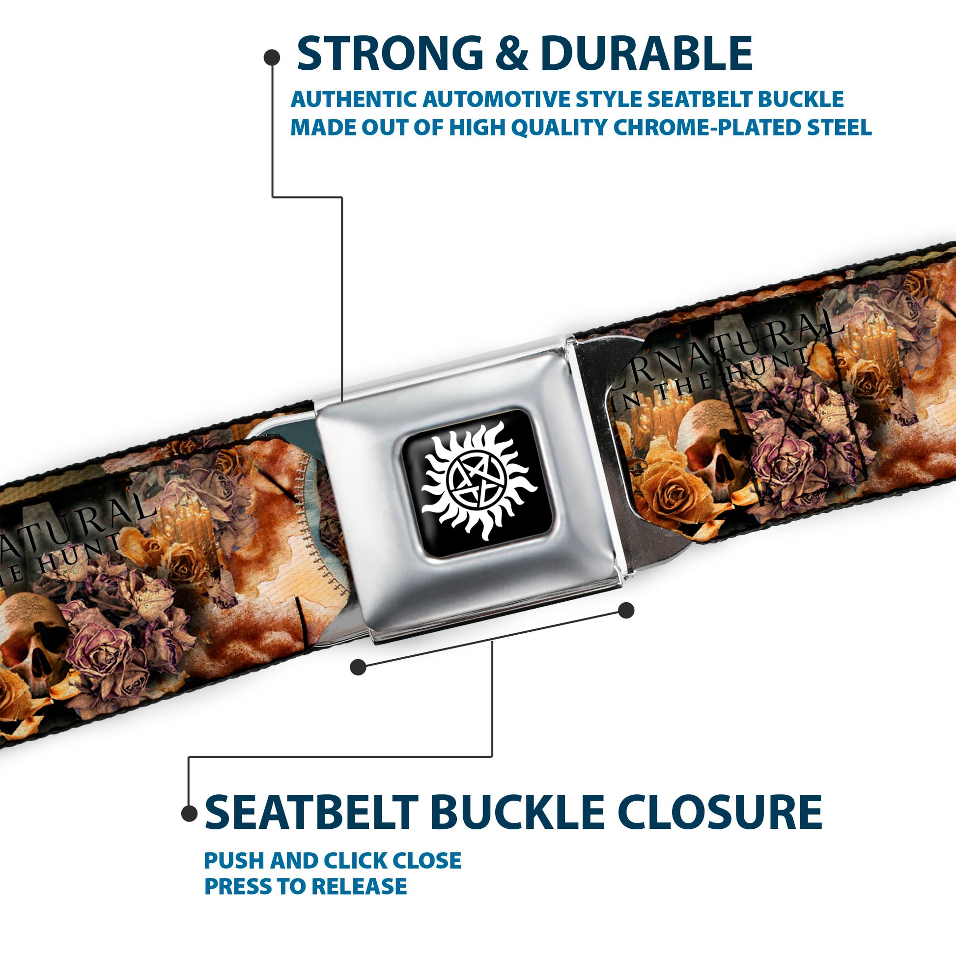 Winchester Logo Full Color Black White Seatbelt Belt - SUPERNATURAL 4-Character Saintly Icons/Skull & Roses Webbing Seatbelt Belts Supernatural