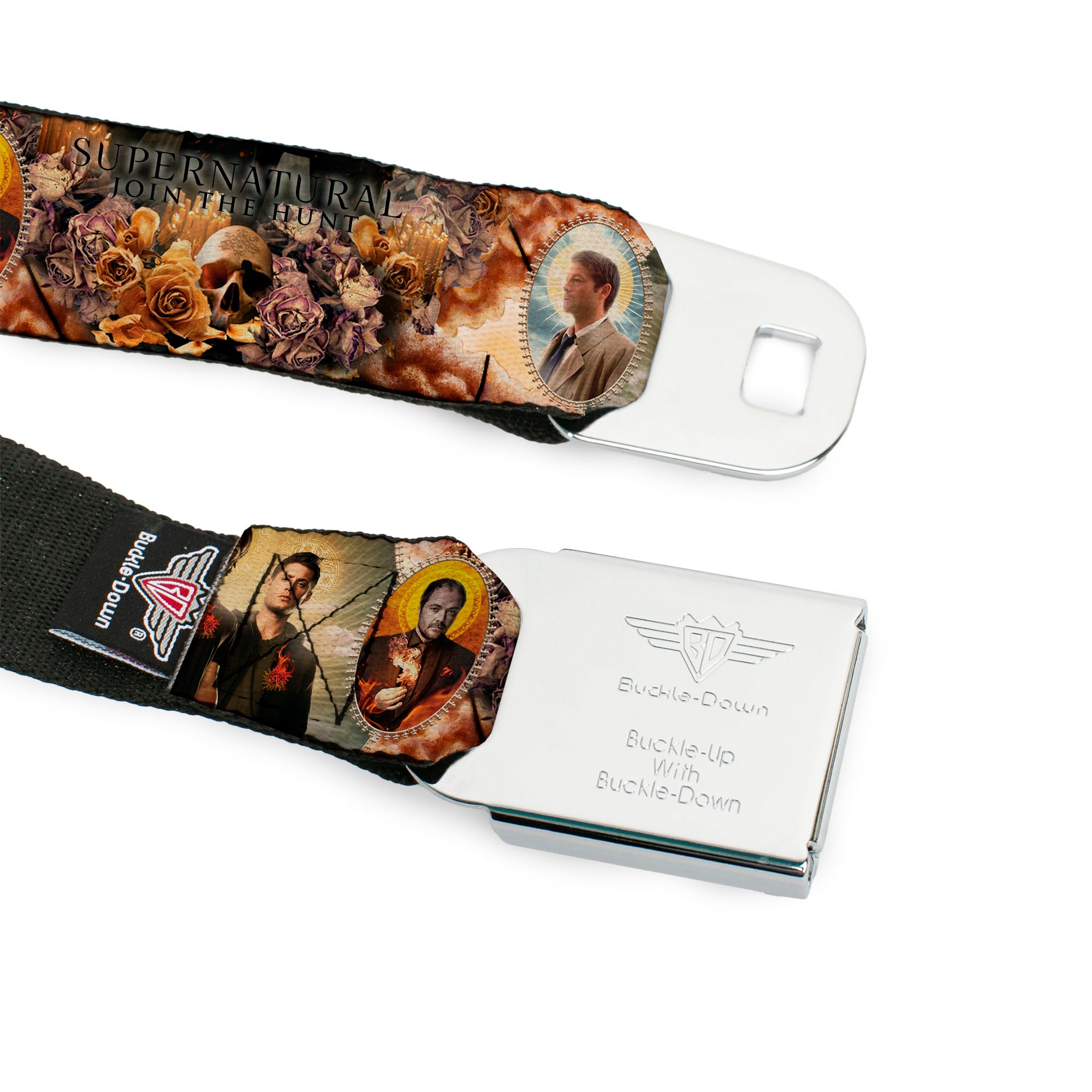 Winchester Logo Full Color Black White Seatbelt Belt - SUPERNATURAL 4-Character Saintly Icons/Skull & Roses Webbing Seatbelt Belts Supernatural