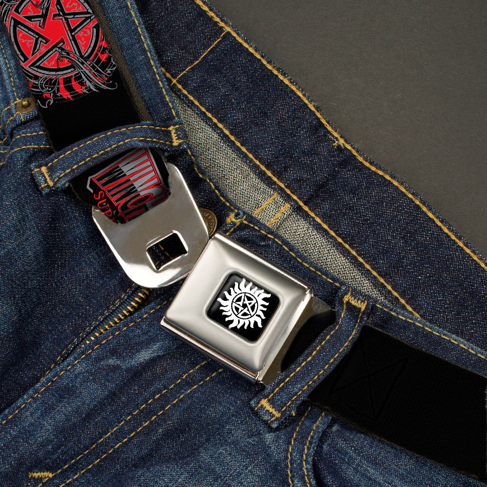 Winchester Logo Full Color Black White Seatbelt Belt - THE WINCHESTER BROS/Flaming Pentagram Black/White/Reds Webbing Seatbelt Belts Supernatural