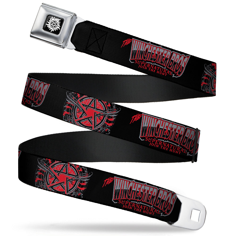Winchester Logo Full Color Black White Seatbelt Belt - THE WINCHESTER BROS/Flaming Pentagram Black/White/Reds Webbing Seatbelt Belts Supernatural