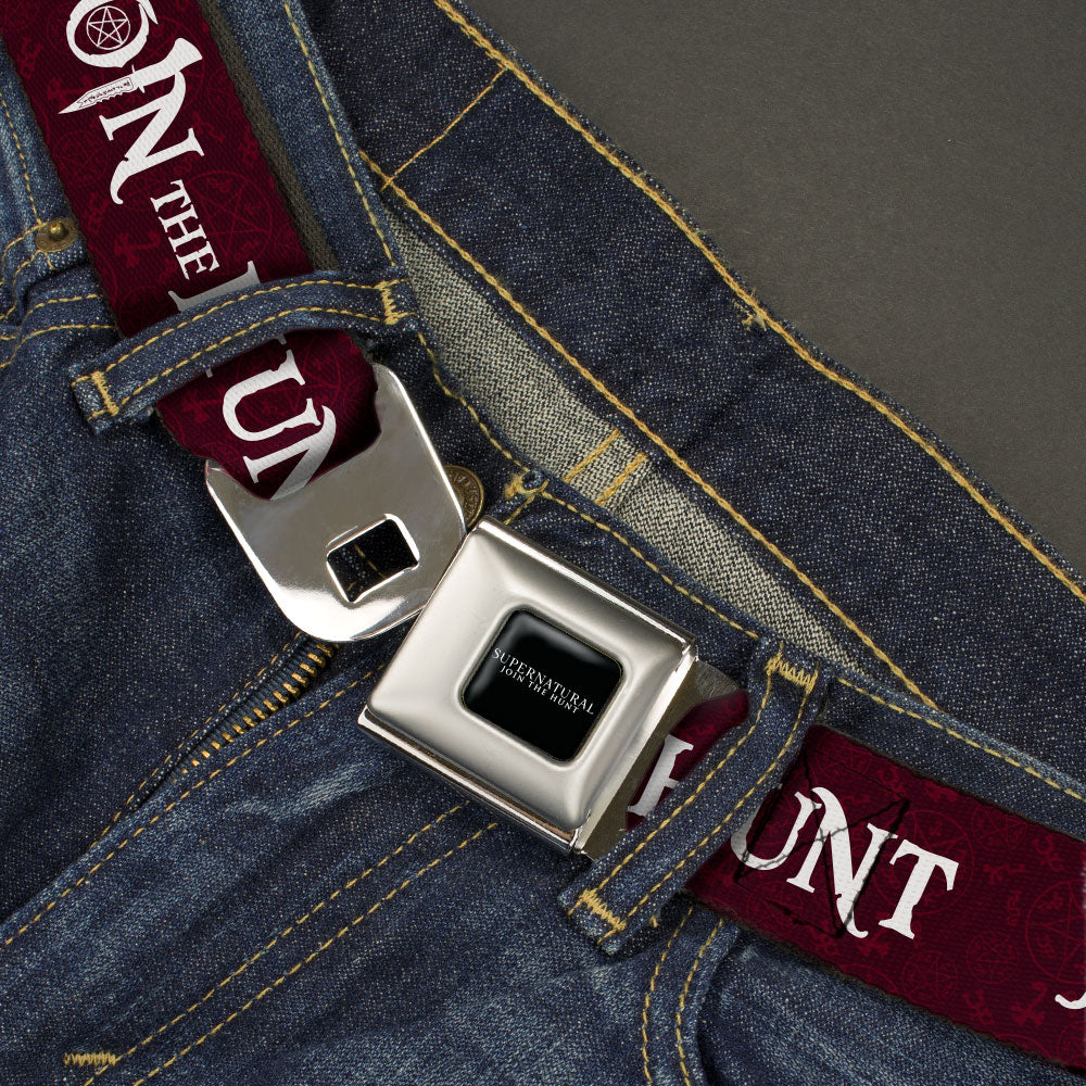 SUPERNATURAL-JOIN THE HUNT Full Color Black/White Seatbelt Belt - Supernatural JOIN THE HUNT/Symbols Scattered Reds/White Webbing Seatbelt Belts Supernatural