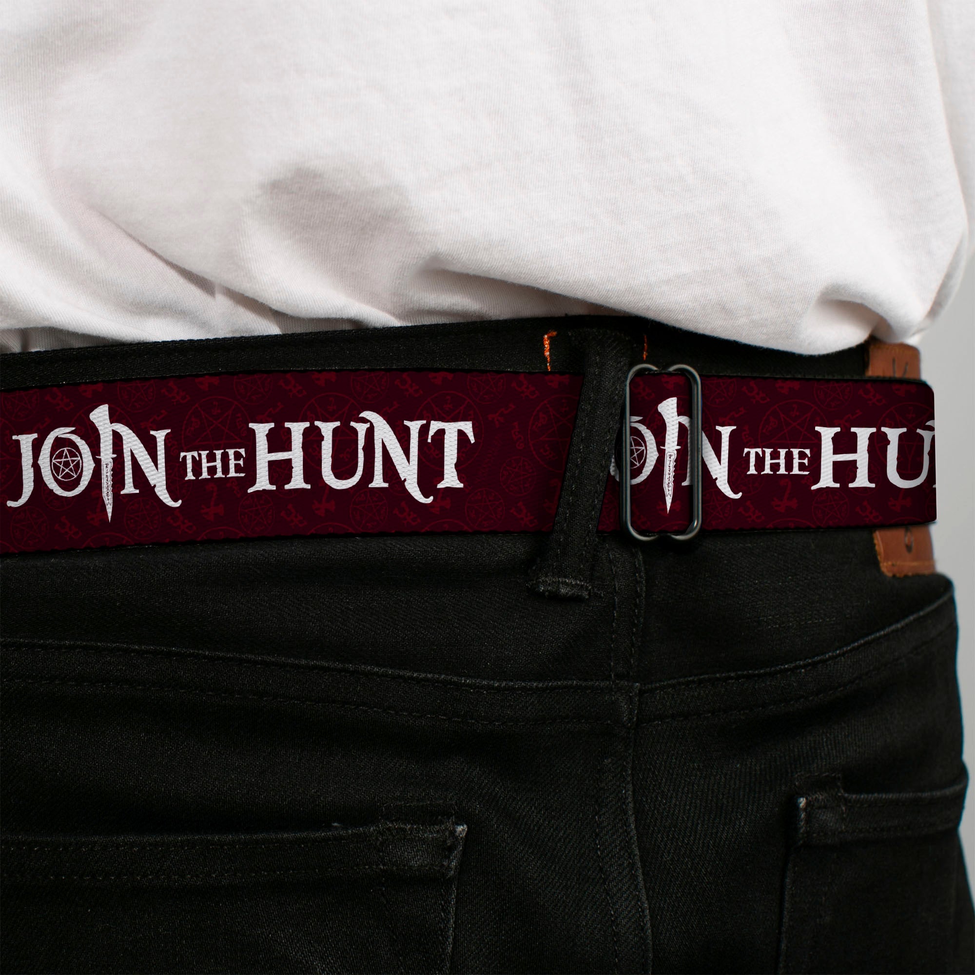 SUPERNATURAL-JOIN THE HUNT Full Color Black/White Seatbelt Belt - Supernatural JOIN THE HUNT/Symbols Scattered Reds/White Webbing Seatbelt Belts Supernatural