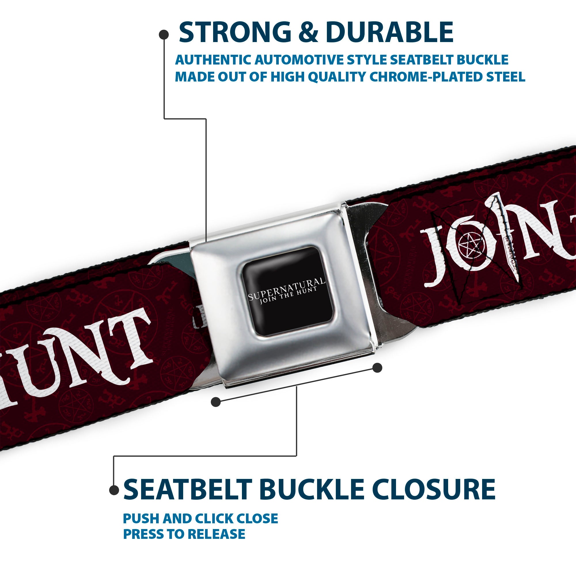 SUPERNATURAL-JOIN THE HUNT Full Color Black/White Seatbelt Belt - Supernatural JOIN THE HUNT/Symbols Scattered Reds/White Webbing Seatbelt Belts Supernatural