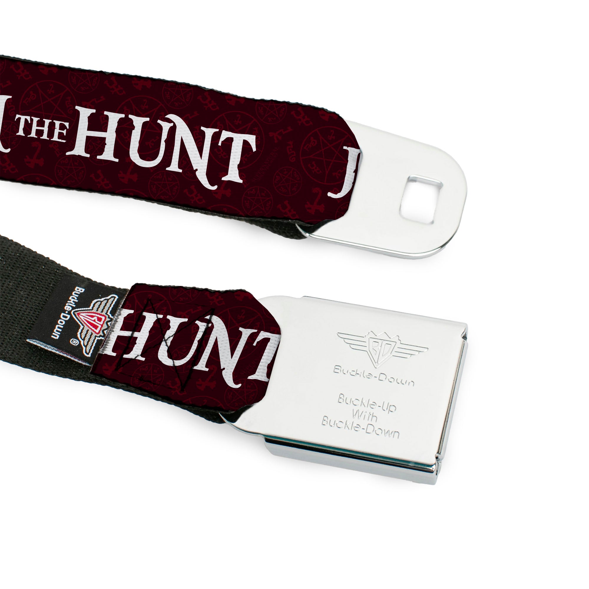 SUPERNATURAL-JOIN THE HUNT Full Color Black/White Seatbelt Belt - Supernatural JOIN THE HUNT/Symbols Scattered Reds/White Webbing Seatbelt Belts Supernatural