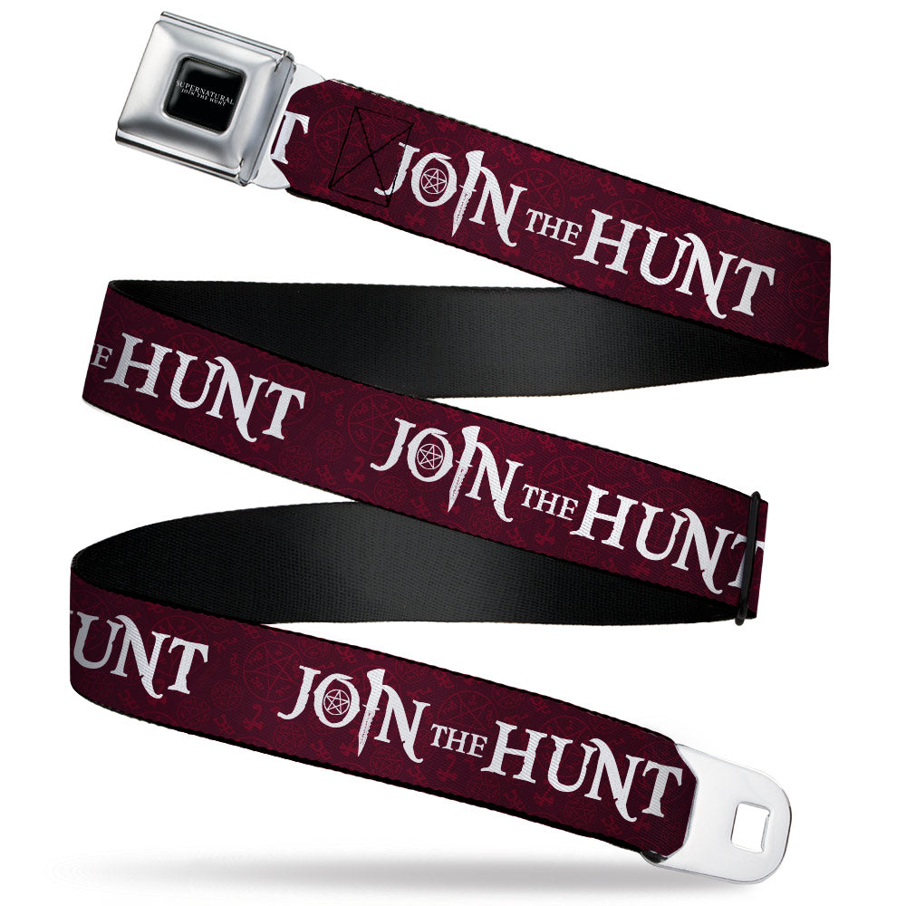 SUPERNATURAL-JOIN THE HUNT Full Color Black/White Seatbelt Belt - Supernatural JOIN THE HUNT/Symbols Scattered Reds/White Webbing Seatbelt Belts Supernatural