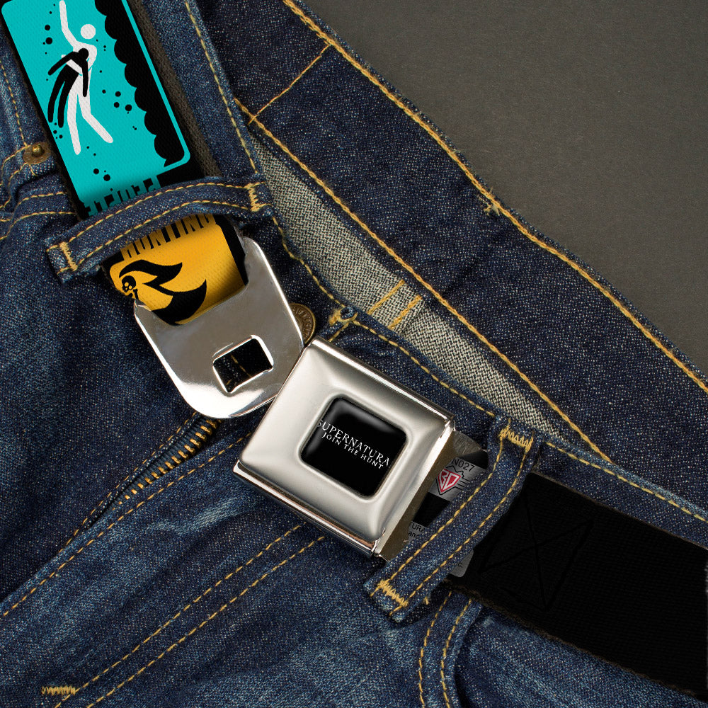 SUPERNATURAL-JOIN THE HUNT Full Color Black White Seatbelt Belt - Supernatural SAVING PEOPLE-HUNTING THINGS-FAMILY BUSINESS Blocks Black/Teal/Gold/Purple/White Webbing Seatbelt Belts Supernatural