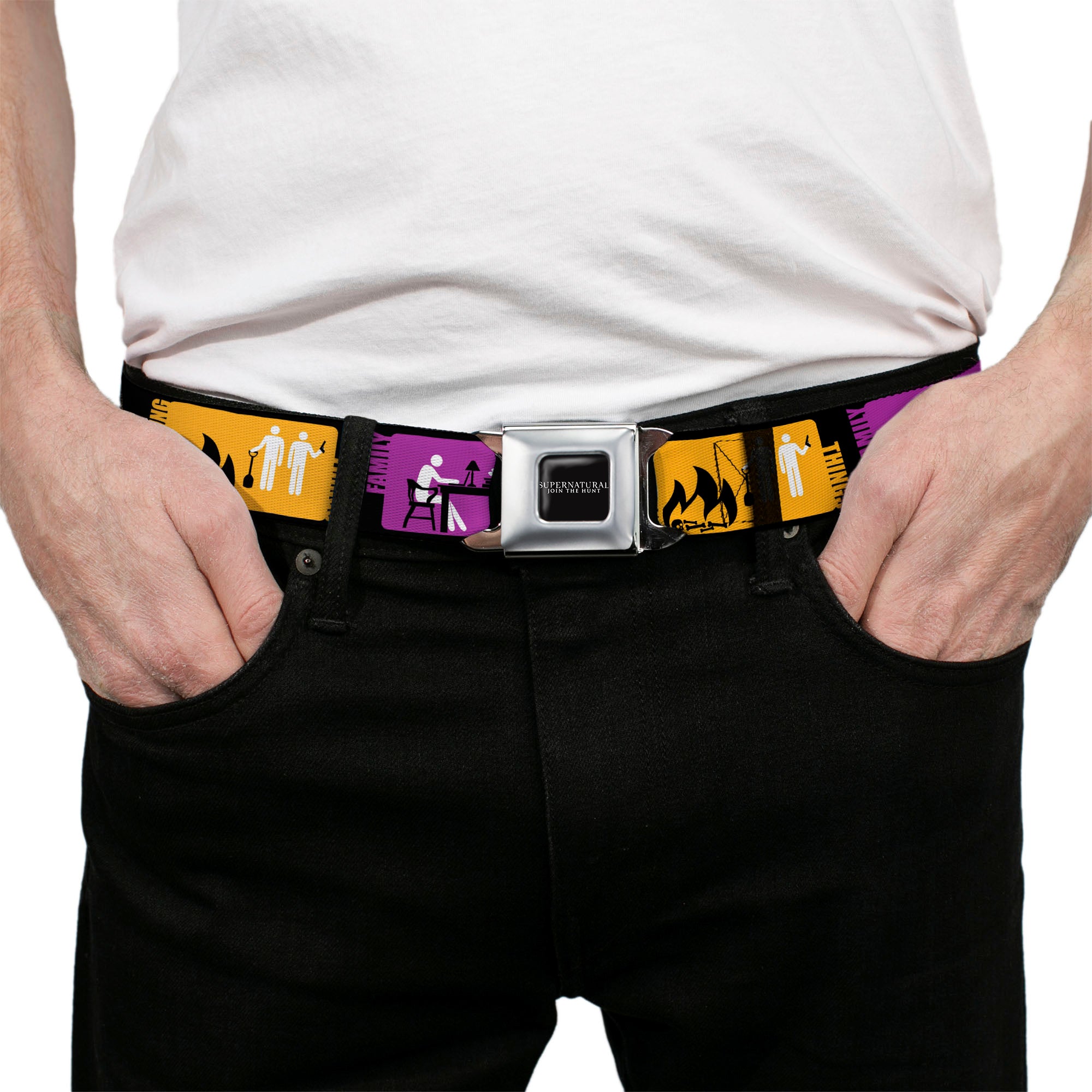 SUPERNATURAL-JOIN THE HUNT Full Color Black White Seatbelt Belt - Supernatural SAVING PEOPLE-HUNTING THINGS-FAMILY BUSINESS Blocks Black/Teal/Gold/Purple/White Webbing Seatbelt Belts Supernatural