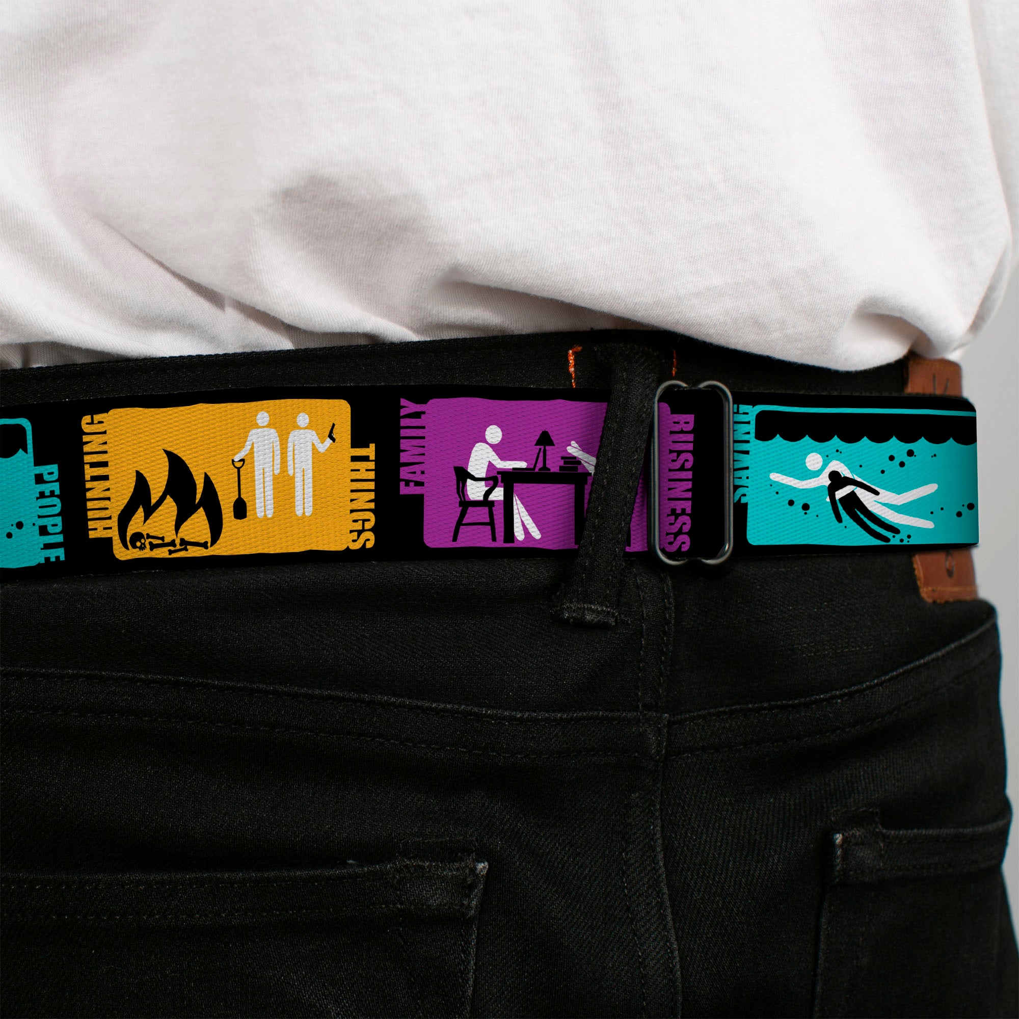 SUPERNATURAL-JOIN THE HUNT Full Color Black White Seatbelt Belt - Supernatural SAVING PEOPLE-HUNTING THINGS-FAMILY BUSINESS Blocks Black/Teal/Gold/Purple/White Webbing Seatbelt Belts Supernatural