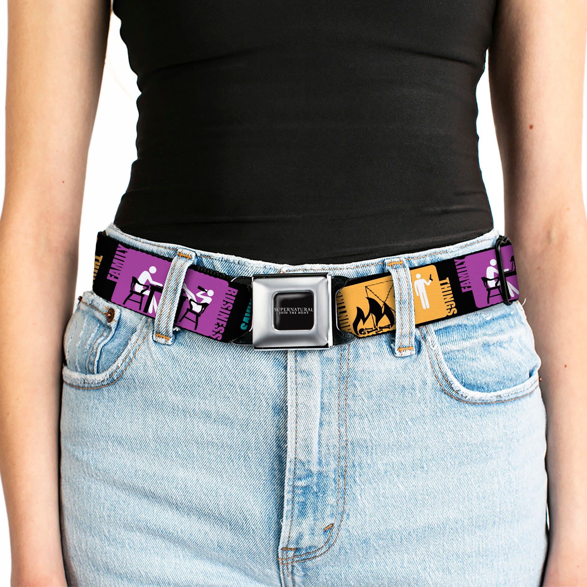 SUPERNATURAL-JOIN THE HUNT Full Color Black White Seatbelt Belt - Supernatural SAVING PEOPLE-HUNTING THINGS-FAMILY BUSINESS Blocks Black/Teal/Gold/Purple/White Webbing Seatbelt Belts Supernatural