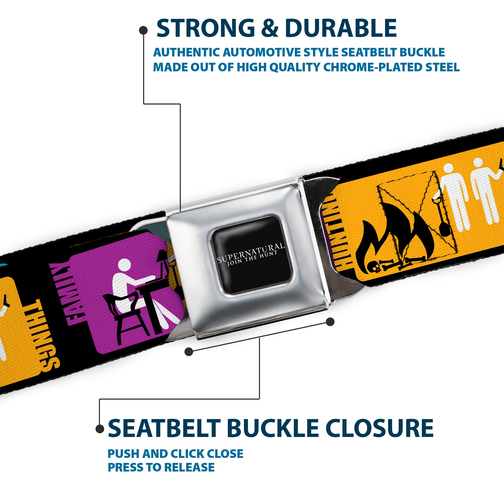 SUPERNATURAL-JOIN THE HUNT Full Color Black White Seatbelt Belt - Supernatural SAVING PEOPLE-HUNTING THINGS-FAMILY BUSINESS Blocks Black/Teal/Gold/Purple/White Webbing Seatbelt Belts Supernatural