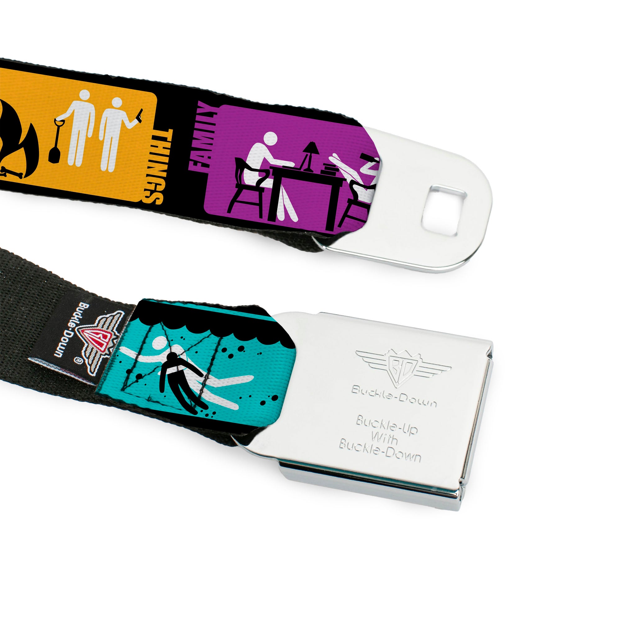 SUPERNATURAL-JOIN THE HUNT Full Color Black White Seatbelt Belt - Supernatural SAVING PEOPLE-HUNTING THINGS-FAMILY BUSINESS Blocks Black/Teal/Gold/Purple/White Webbing Seatbelt Belts Supernatural