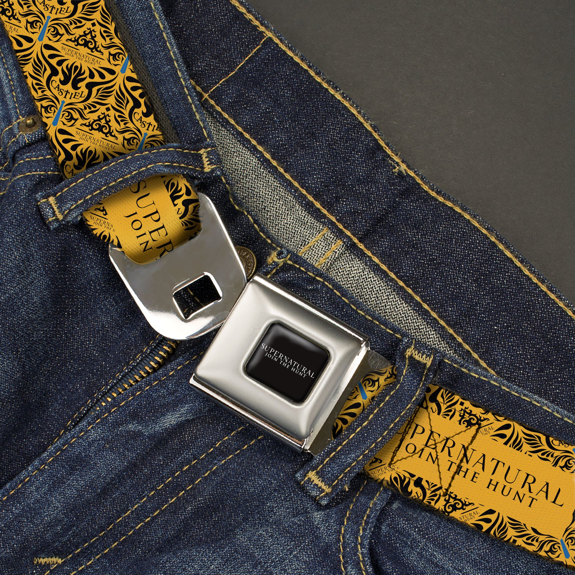 SUPERNATURAL-JOIN THE HUNT Full Color Black/White Seatbelt Belt - SUPERNATURAL JOIN THE HUNT Title Logo and CASTIEL Wings Yellow/Black Webbing Seatbelt Belts Supernatural