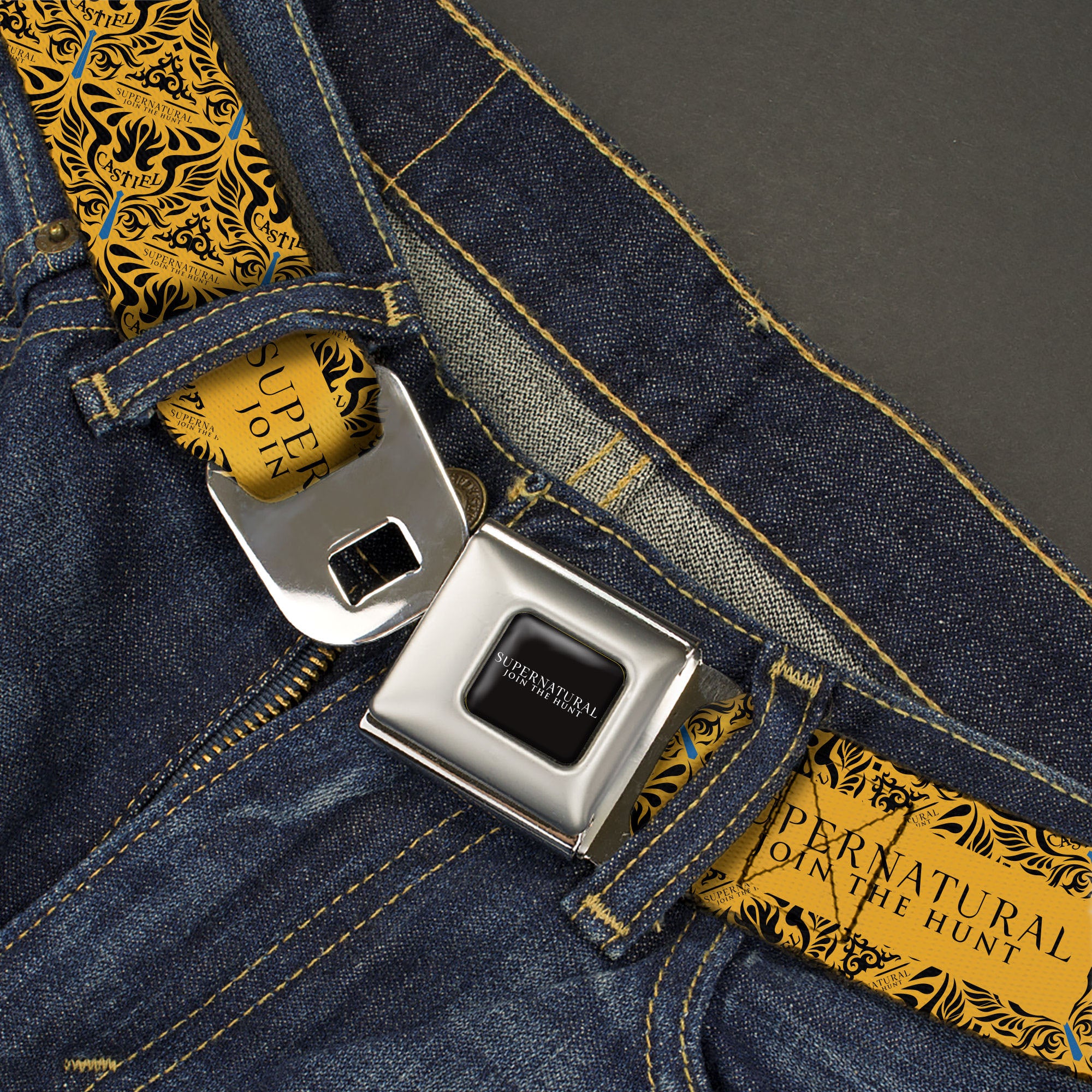 SUPERNATURAL-JOIN THE HUNT Full Color Black/White Seatbelt Belt - SUPERNATURAL JOIN THE HUNT Title Logo and CASTIEL Wings Yellow/Black Webbing Seatbelt Belts Supernatural