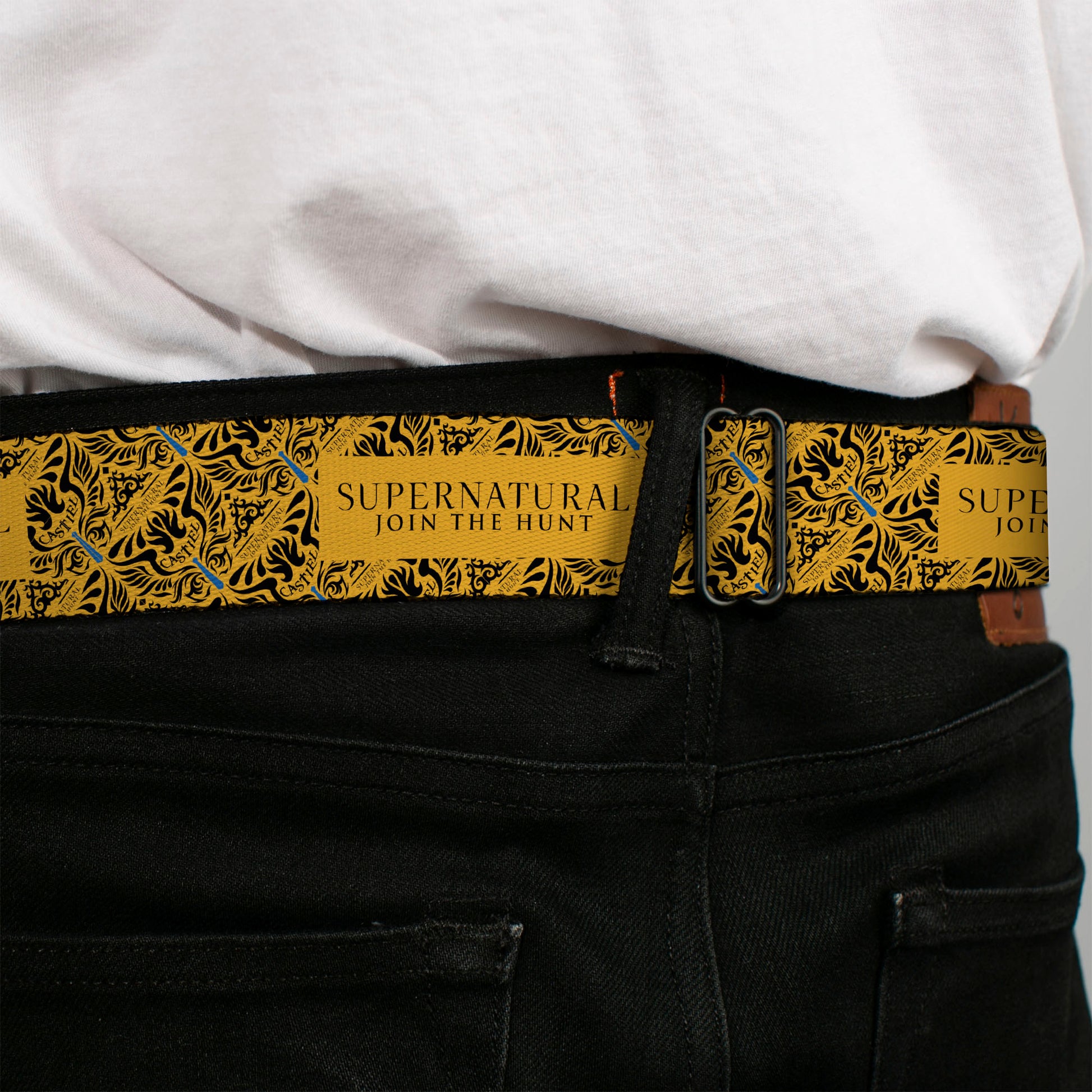 SUPERNATURAL-JOIN THE HUNT Full Color Black/White Seatbelt Belt - SUPERNATURAL JOIN THE HUNT Title Logo and CASTIEL Wings Yellow/Black Webbing Seatbelt Belts Supernatural