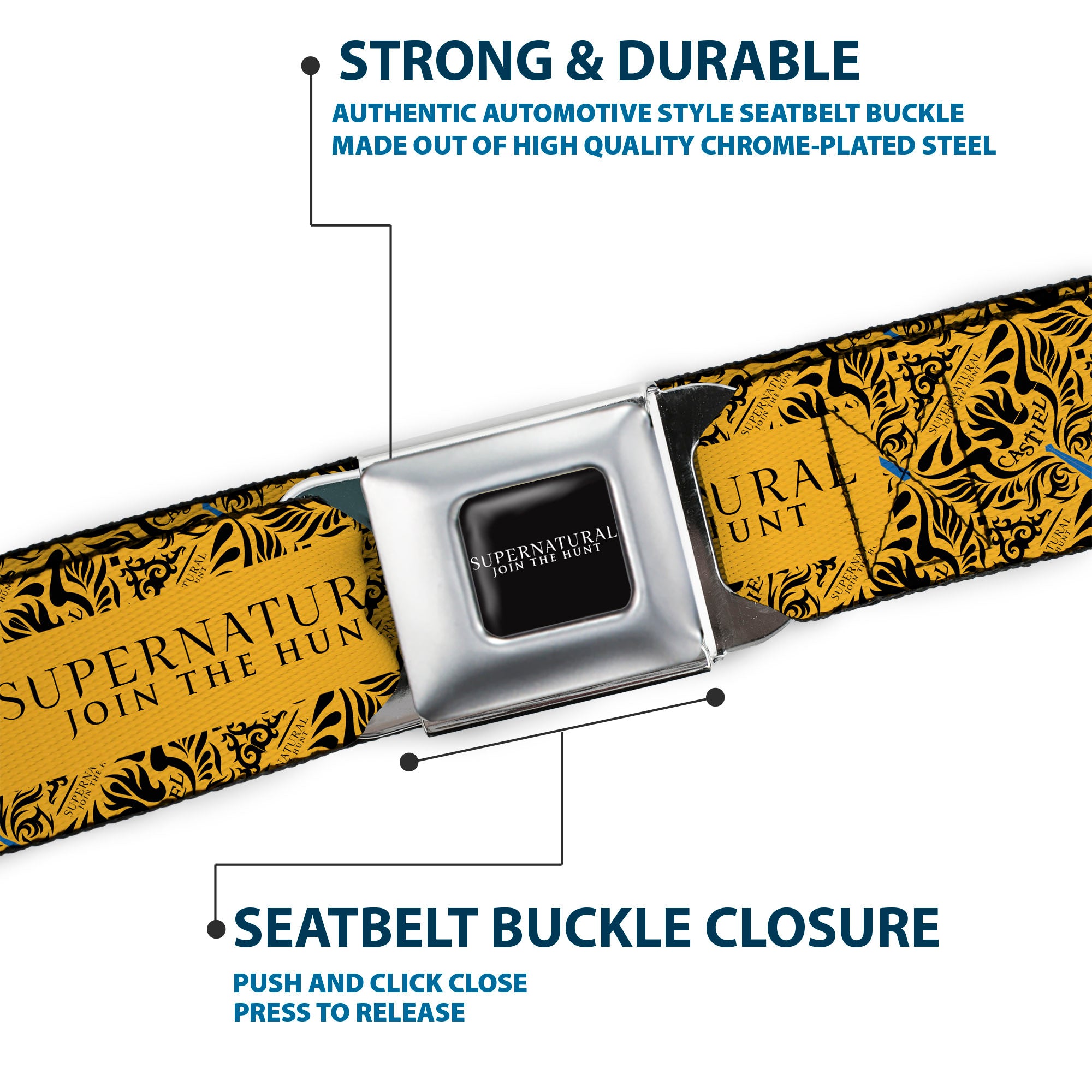 SUPERNATURAL-JOIN THE HUNT Full Color Black/White Seatbelt Belt - SUPERNATURAL JOIN THE HUNT Title Logo and CASTIEL Wings Yellow/Black Webbing Seatbelt Belts Supernatural