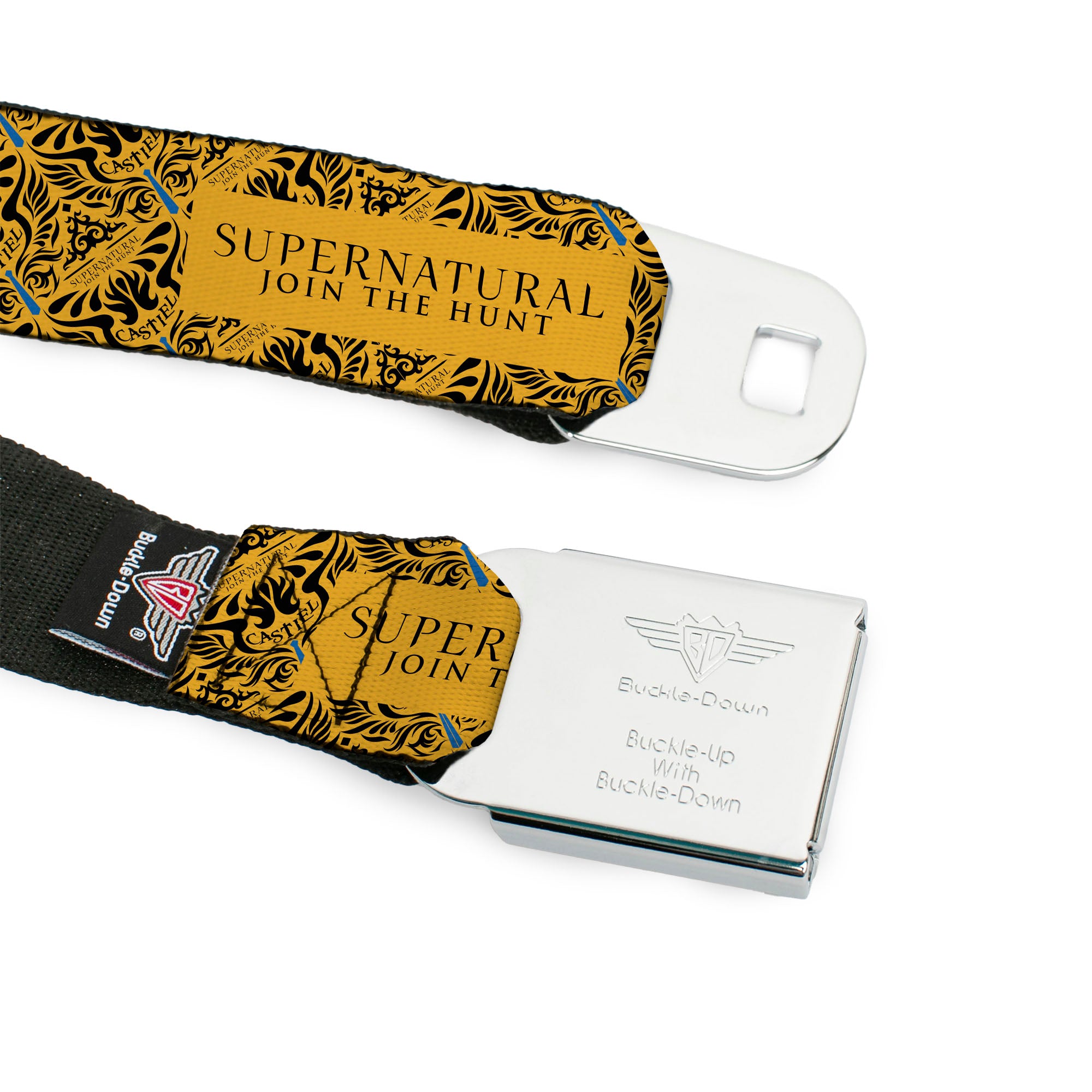 SUPERNATURAL-JOIN THE HUNT Full Color Black/White Seatbelt Belt - SUPERNATURAL JOIN THE HUNT Title Logo and CASTIEL Wings Yellow/Black Webbing Seatbelt Belts Supernatural