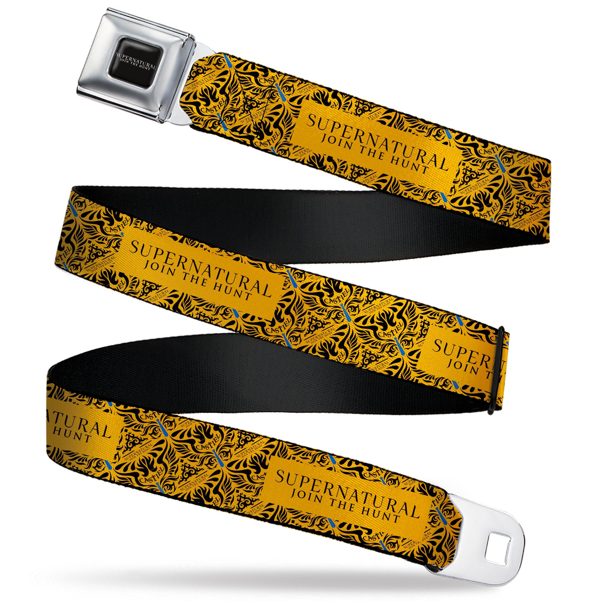 SUPERNATURAL-JOIN THE HUNT Full Color Black/White Seatbelt Belt - SUPERNATURAL JOIN THE HUNT Title Logo and CASTIEL Wings Yellow/Black Webbing Seatbelt Belts Supernatural