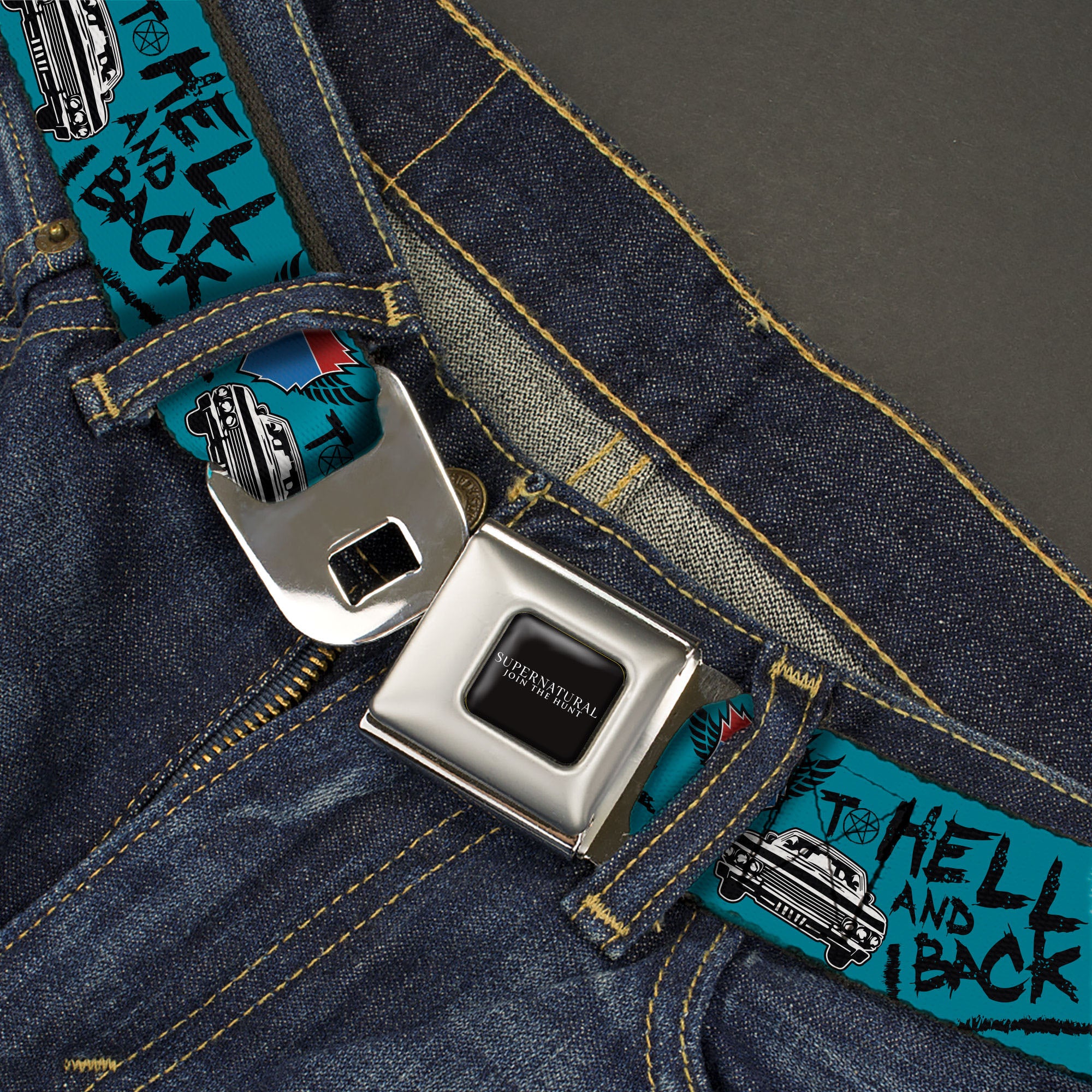 SUPERNATURAL-JOIN THE HUNT Full Color Black/White Seatbelt Belt - Supernatural Baby Car TO HELL AND BACK Collage Blue/Black Webbing Seatbelt Belts Supernatural
