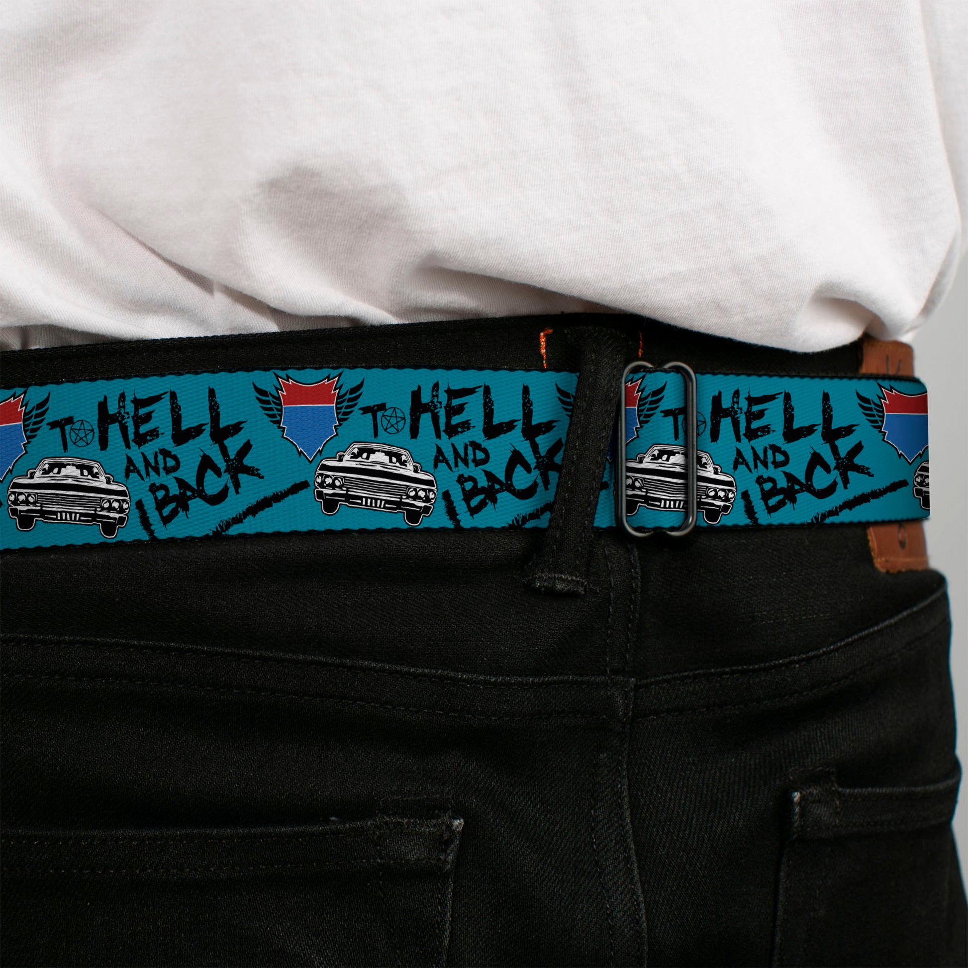 SUPERNATURAL-JOIN THE HUNT Full Color Black/White Seatbelt Belt - Supernatural Baby Car TO HELL AND BACK Collage Blue/Black Webbing Seatbelt Belts Supernatural