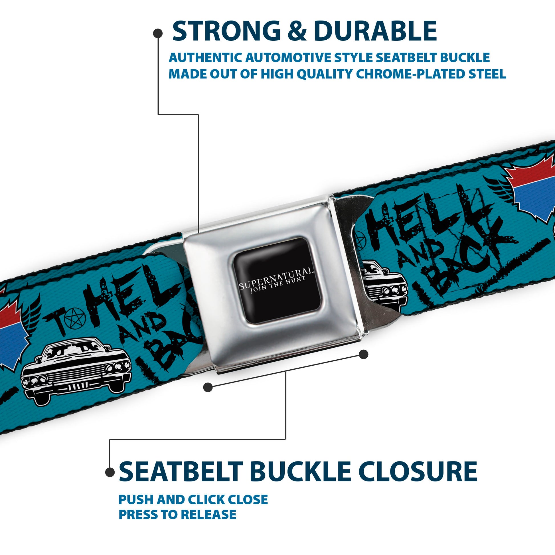 SUPERNATURAL-JOIN THE HUNT Full Color Black/White Seatbelt Belt - Supernatural Baby Car TO HELL AND BACK Collage Blue/Black Webbing Seatbelt Belts Supernatural