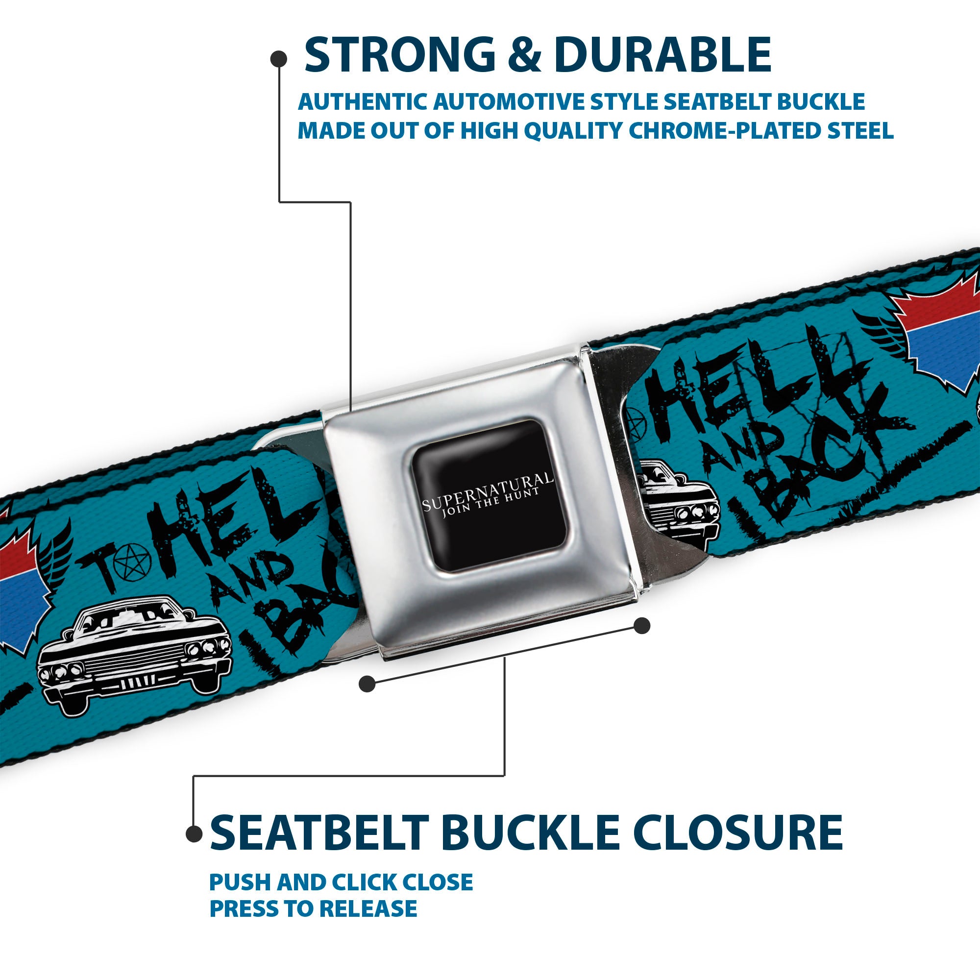 SUPERNATURAL-JOIN THE HUNT Full Color Black/White Seatbelt Belt - Supernatural Baby Car TO HELL AND BACK Collage Blue/Black Webbing Seatbelt Belts Supernatural