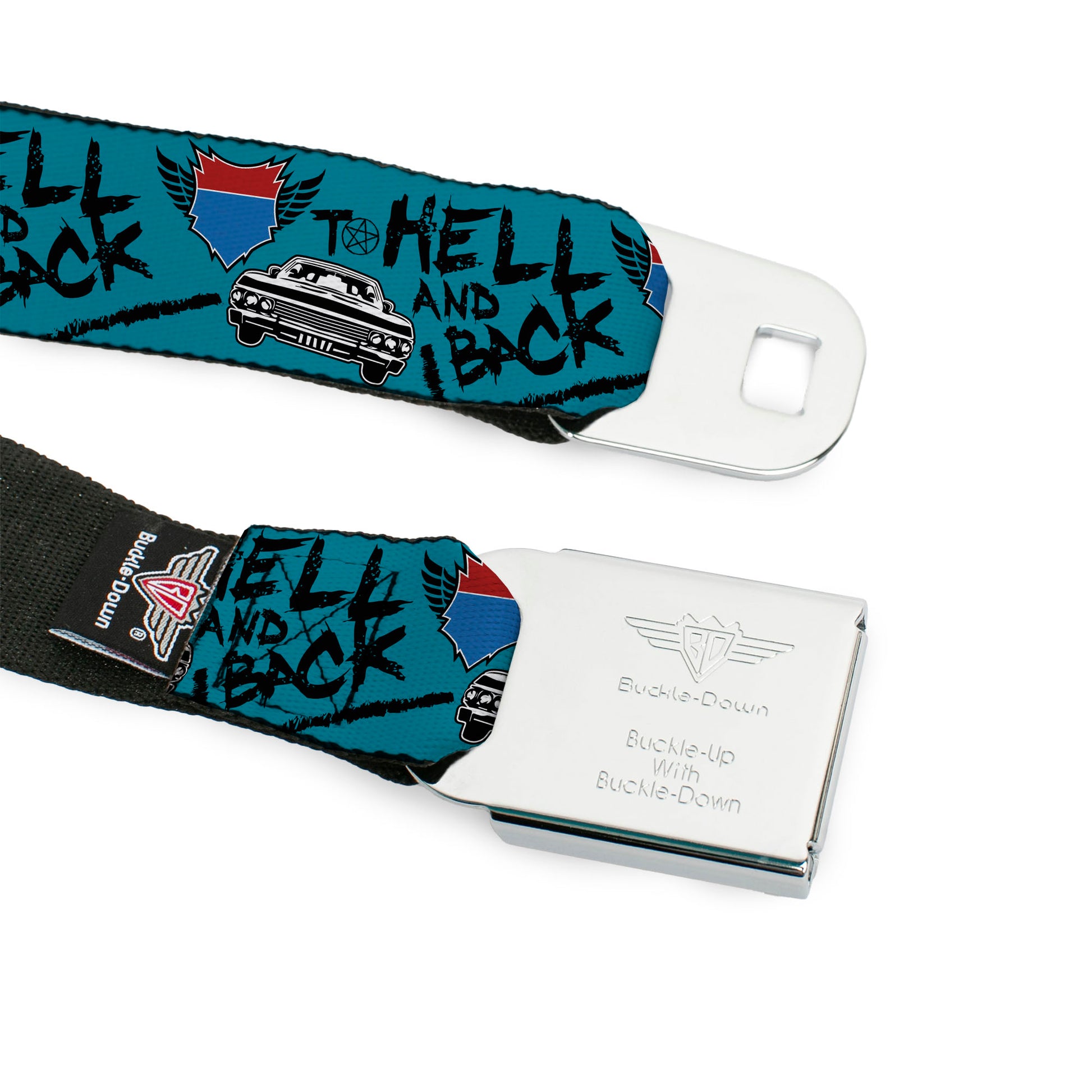 SUPERNATURAL-JOIN THE HUNT Full Color Black/White Seatbelt Belt - Supernatural Baby Car TO HELL AND BACK Collage Blue/Black Webbing Seatbelt Belts Supernatural