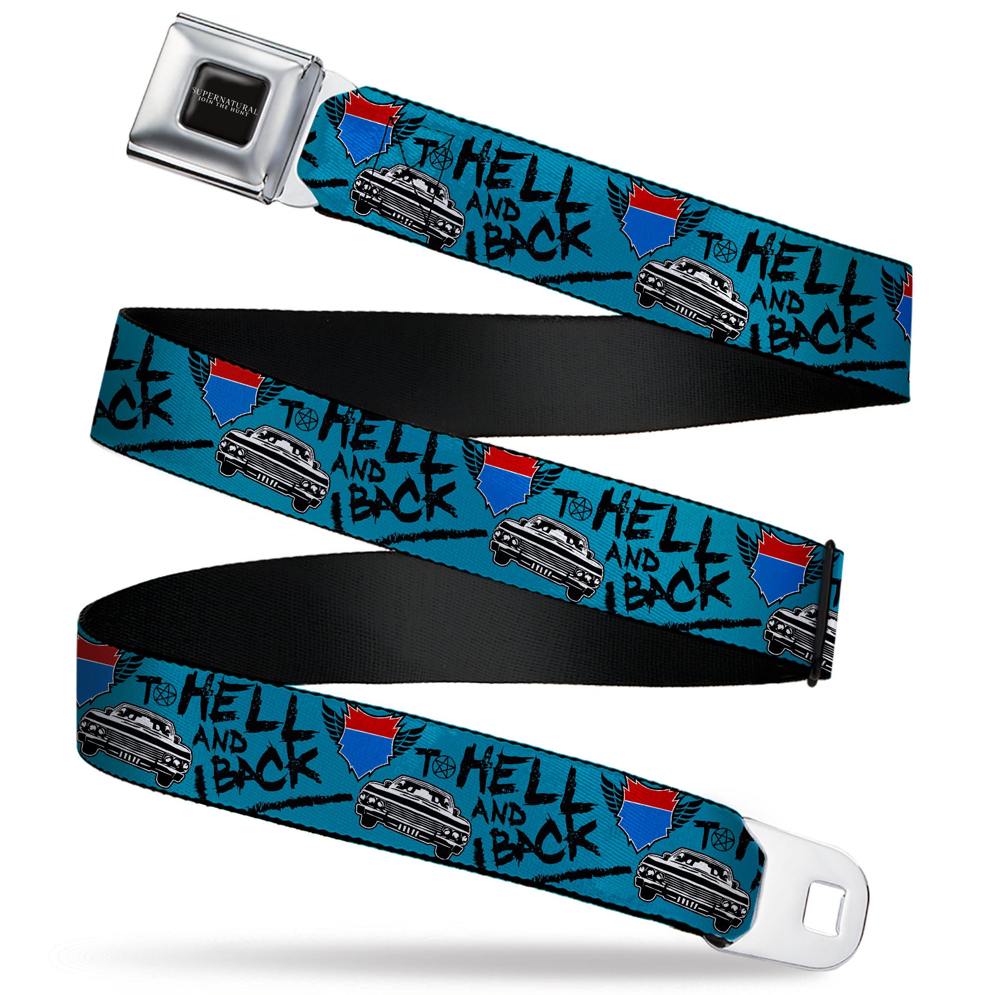 SUPERNATURAL-JOIN THE HUNT Full Color Black/White Seatbelt Belt - Supernatural Baby Car TO HELL AND BACK Collage Blue/Black Webbing Seatbelt Belts Supernatural