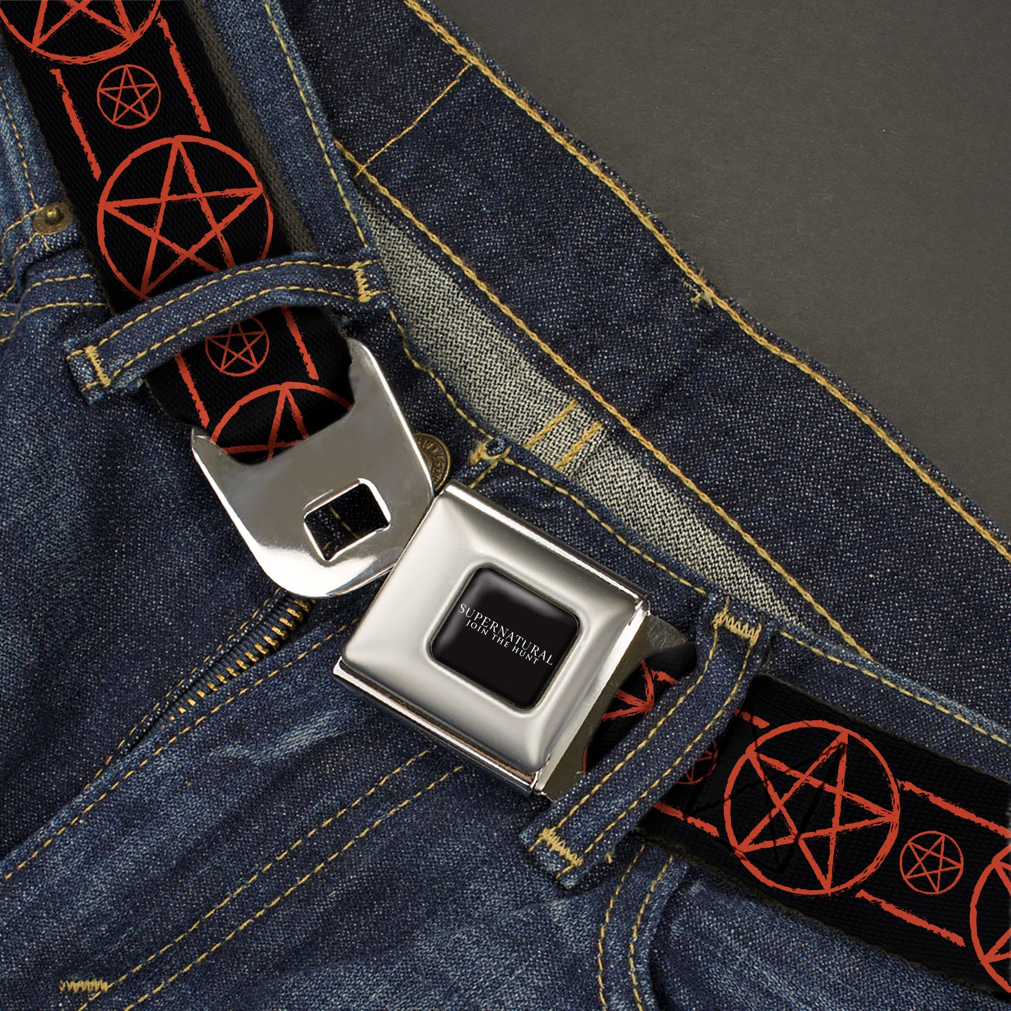 SUPERNATURAL-JOIN THE HUNT Full Color Black/White Seatbelt Belt - Supernatural Pentagram Icon Stripe Black/Red Webbing Seatbelt Belts Supernatural