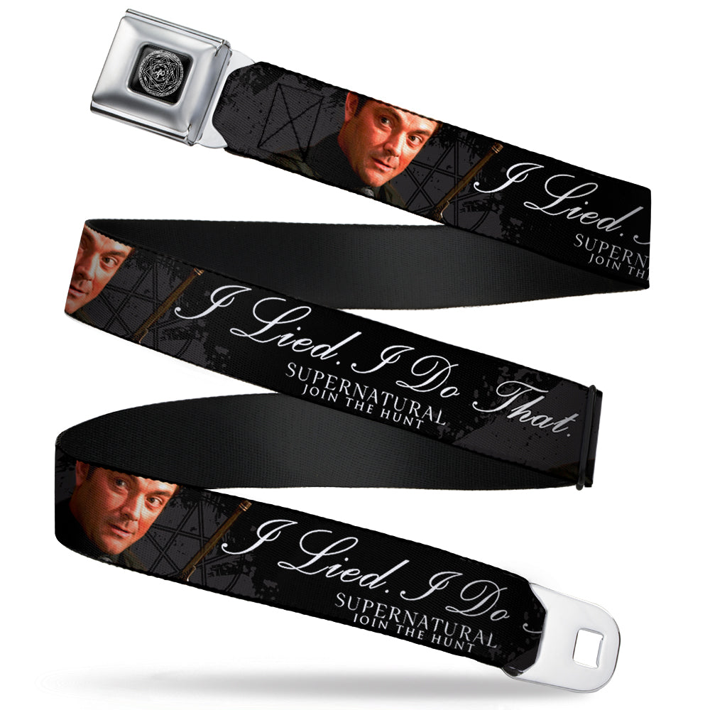 Supernatural Devil's Trap Symbol Full Color Black White Seatbelt Belt - Crowley Pose I LIED- I DO THAT/Pentagram Black/Grays/White Webbing Seatbelt Belts Supernatural