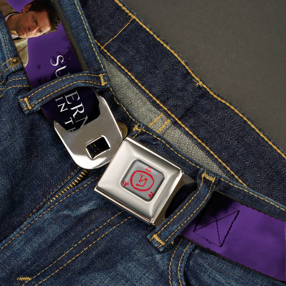 Supernatural Angel Banishing Symbol Full Color White Red Seatbelt Belt - SUPERNATURAL-PROTECTED BY CASTIEL/Pose Black/Purple/White Webbing Seatbelt Belts Supernatural