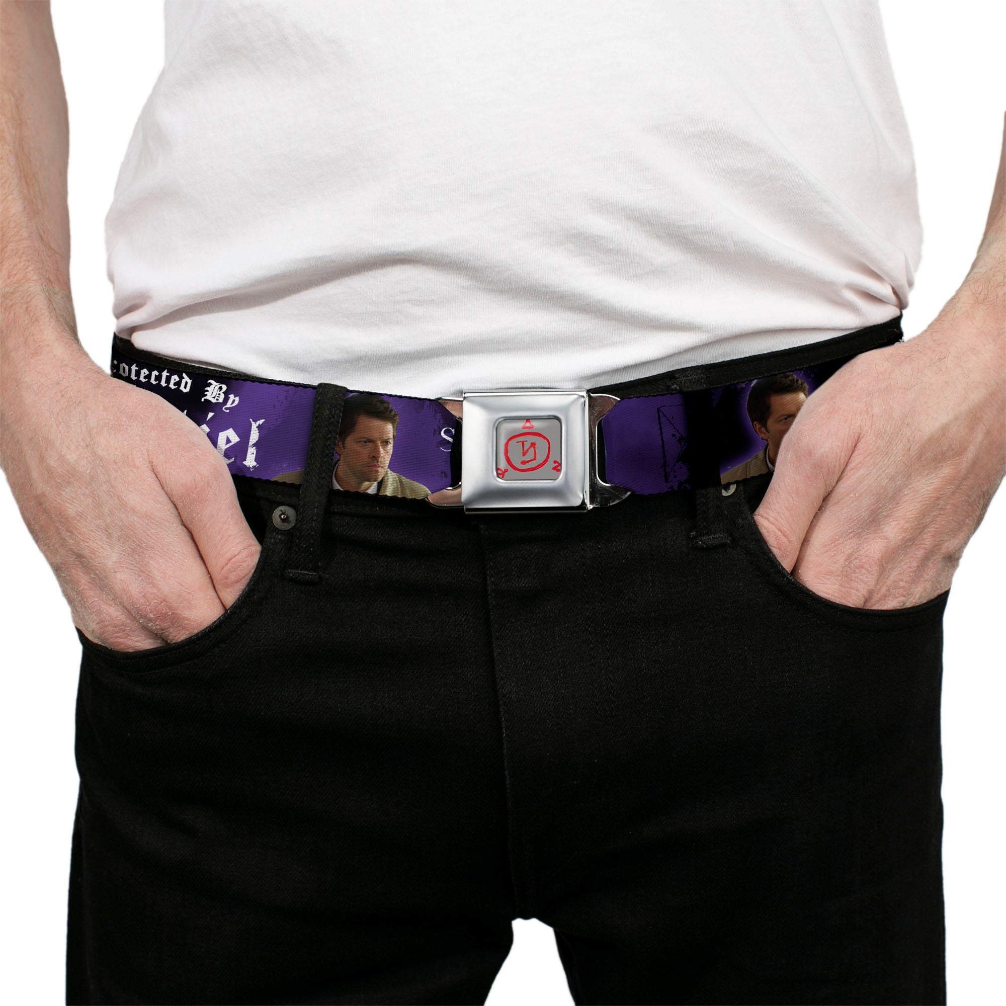 Supernatural Angel Banishing Symbol Full Color White Red Seatbelt Belt - SUPERNATURAL-PROTECTED BY CASTIEL/Pose Black/Purple/White Webbing Seatbelt Belts Supernatural