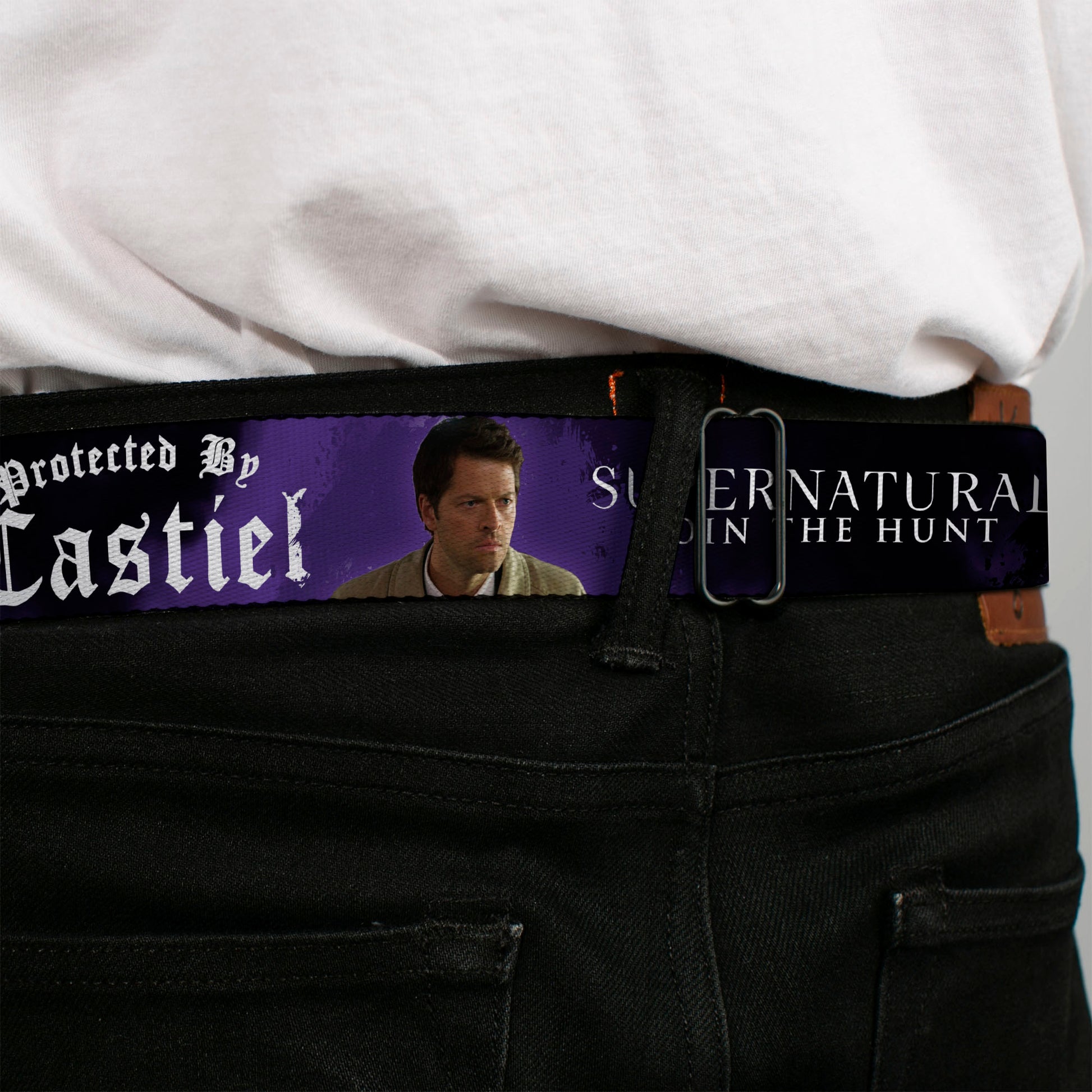 Supernatural Angel Banishing Symbol Full Color White Red Seatbelt Belt - SUPERNATURAL-PROTECTED BY CASTIEL/Pose Black/Purple/White Webbing Seatbelt Belts Supernatural