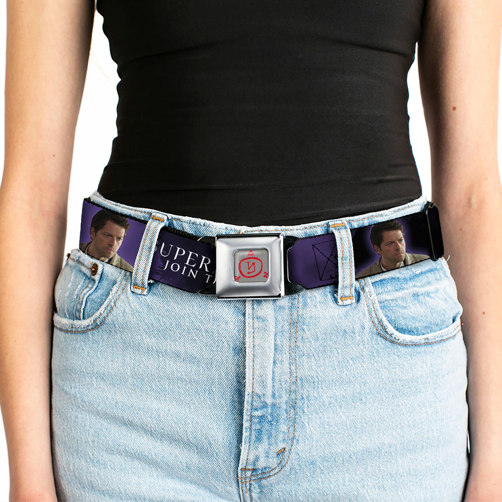 Supernatural Angel Banishing Symbol Full Color White Red Seatbelt Belt - SUPERNATURAL-PROTECTED BY CASTIEL/Pose Black/Purple/White Webbing Seatbelt Belts Supernatural