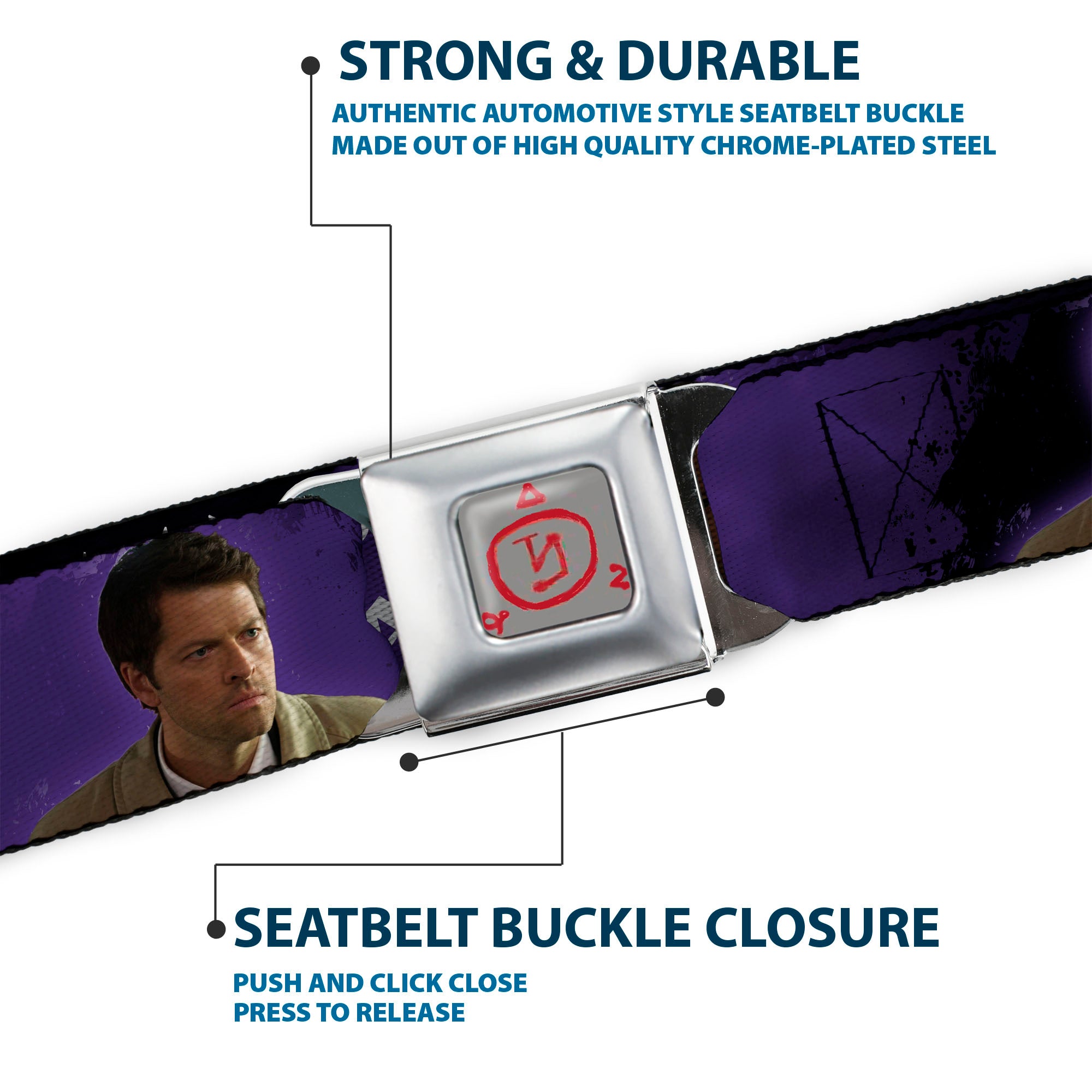 Supernatural Angel Banishing Symbol Full Color White Red Seatbelt Belt - SUPERNATURAL-PROTECTED BY CASTIEL/Pose Black/Purple/White Webbing Seatbelt Belts Supernatural