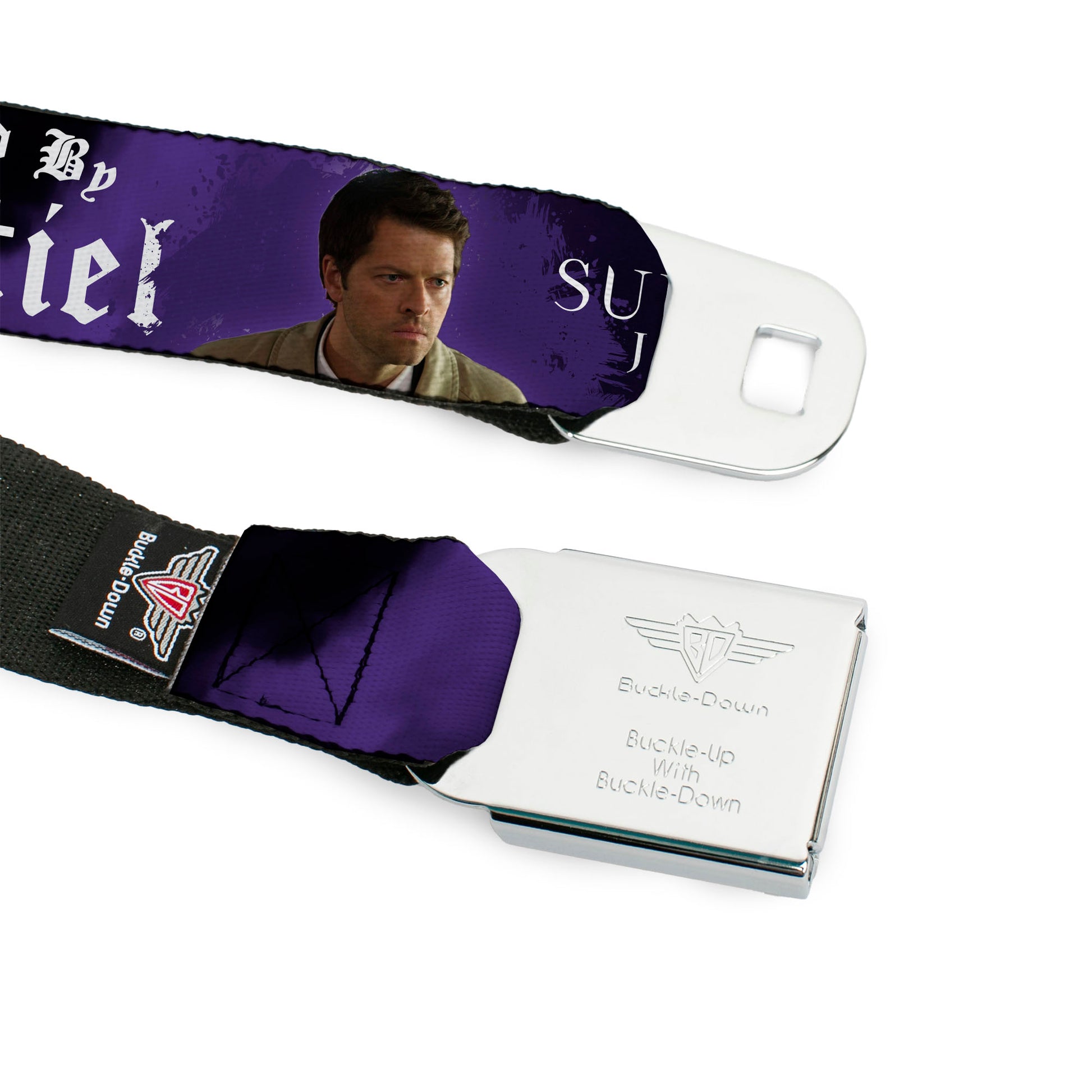 Supernatural Angel Banishing Symbol Full Color White Red Seatbelt Belt - SUPERNATURAL-PROTECTED BY CASTIEL/Pose Black/Purple/White Webbing Seatbelt Belts Supernatural