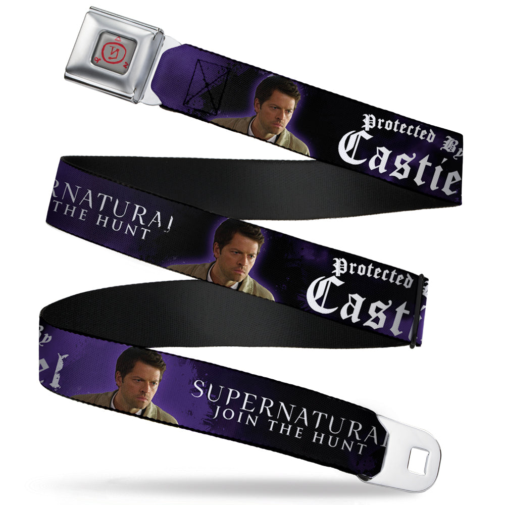 Supernatural Angel Banishing Symbol Full Color White Red Seatbelt Belt - SUPERNATURAL-PROTECTED BY CASTIEL/Pose Black/Purple/White Webbing Seatbelt Belts Supernatural