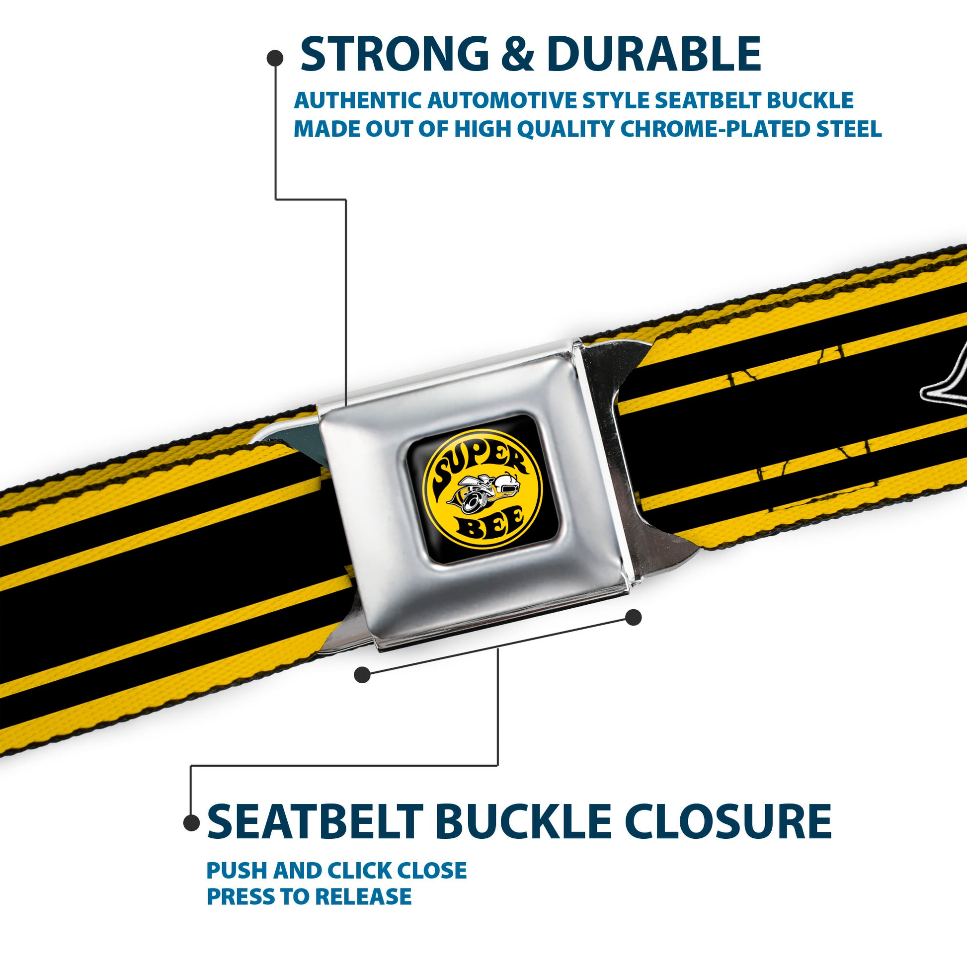 SUPER BEE Logo Full Color Black Yellow White Seatbelt Belt - SUPER BEE Logo/Stripes Black/Yellow/White Webbing Seatbelt Belts Dodge