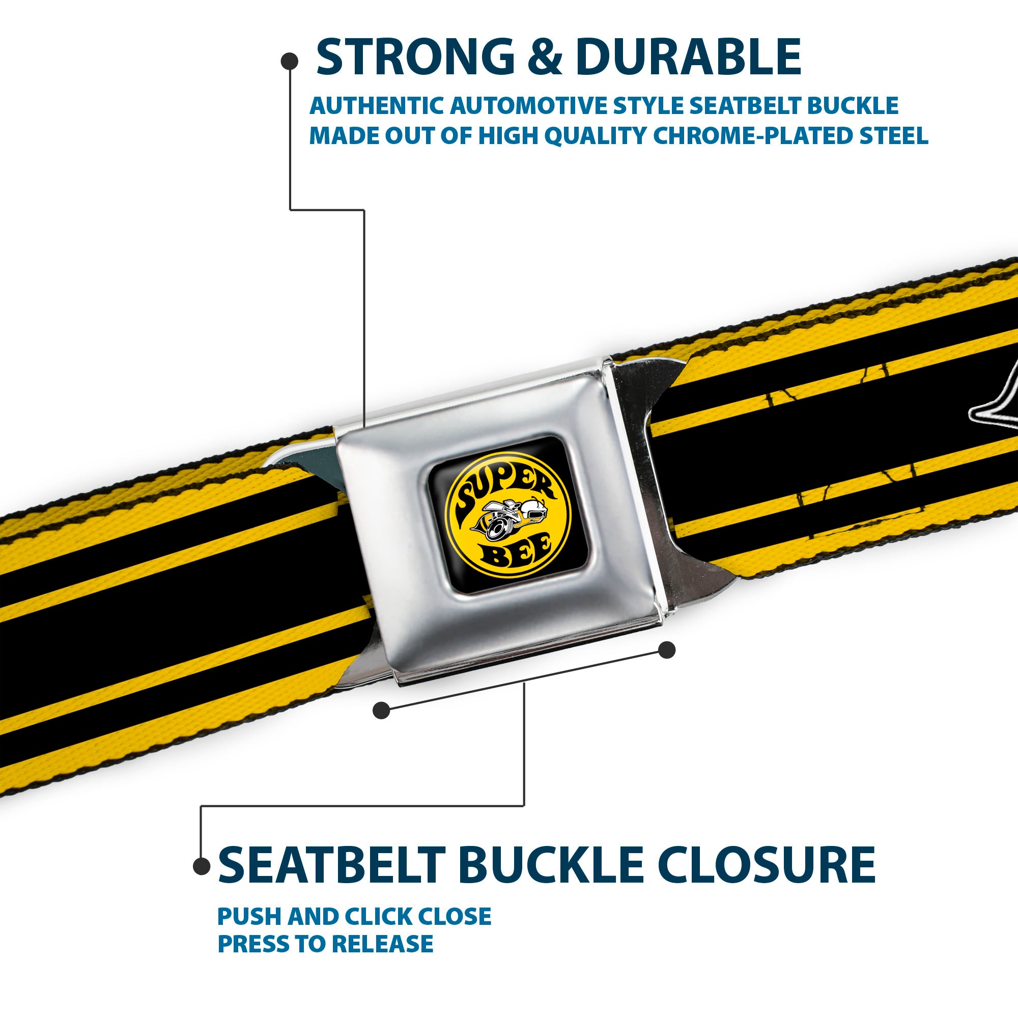 SUPER BEE Logo Full Color Black Yellow White Seatbelt Belt - SUPER BEE Logo/Stripes Black/Yellow/White Webbing Seatbelt Belts Dodge