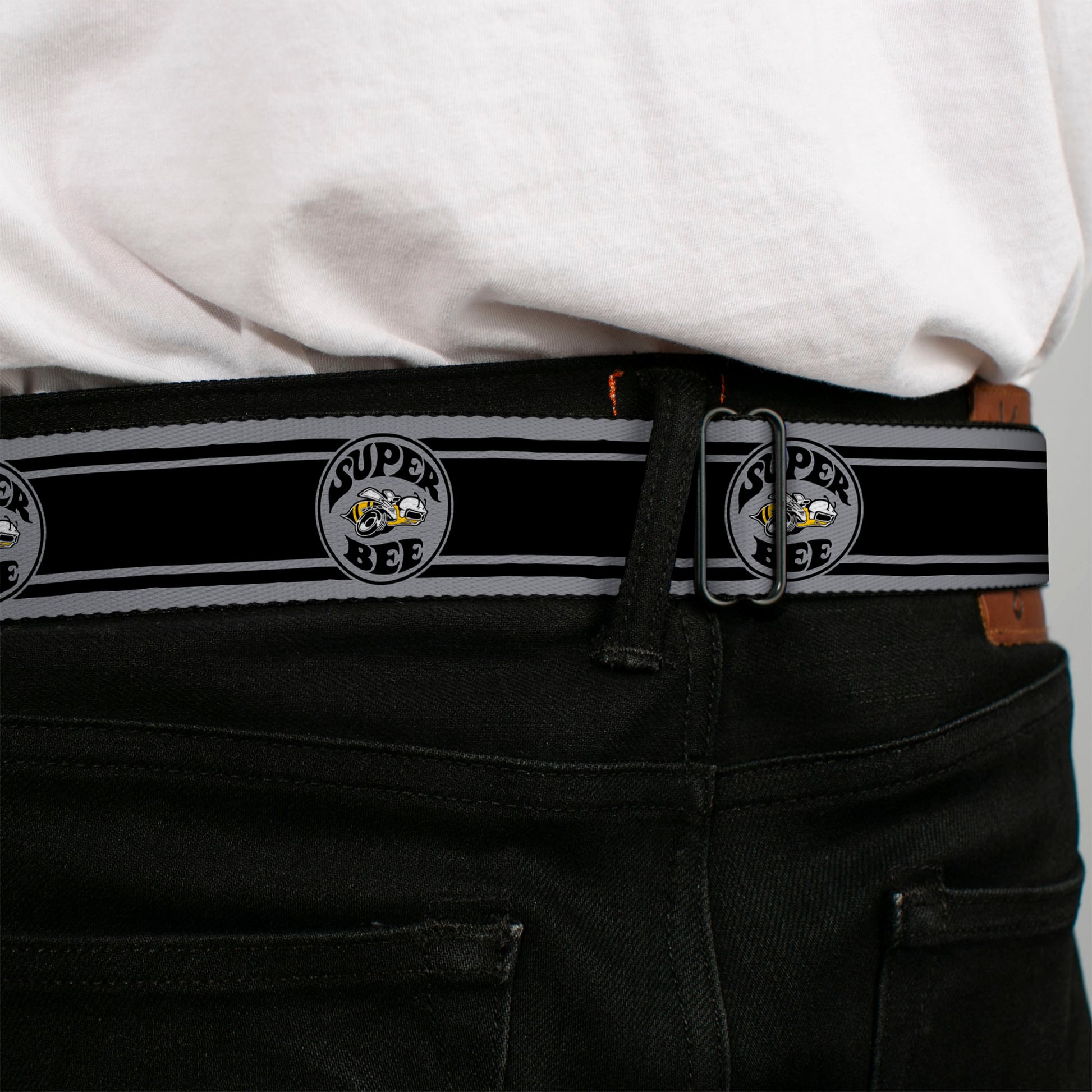 SUPER BEE Logo Full Color Black Yellow White Seatbelt Belt - SUPER BEE Logo/Stripes Black/Gray/Yellow/White Webbing Seatbelt Belts Dodge