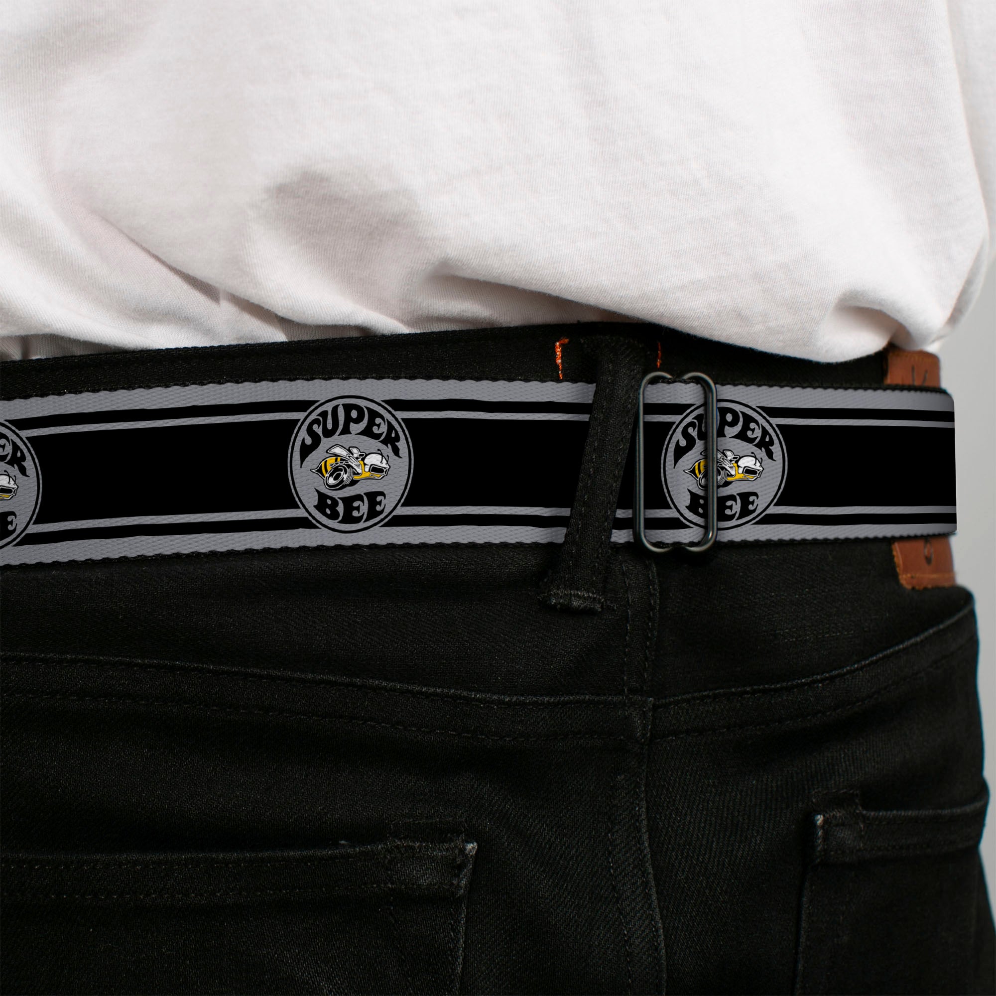 SUPER BEE Logo Full Color Black Yellow White Seatbelt Belt - SUPER BEE Logo/Stripes Black/Gray/Yellow/White Webbing Seatbelt Belts Dodge