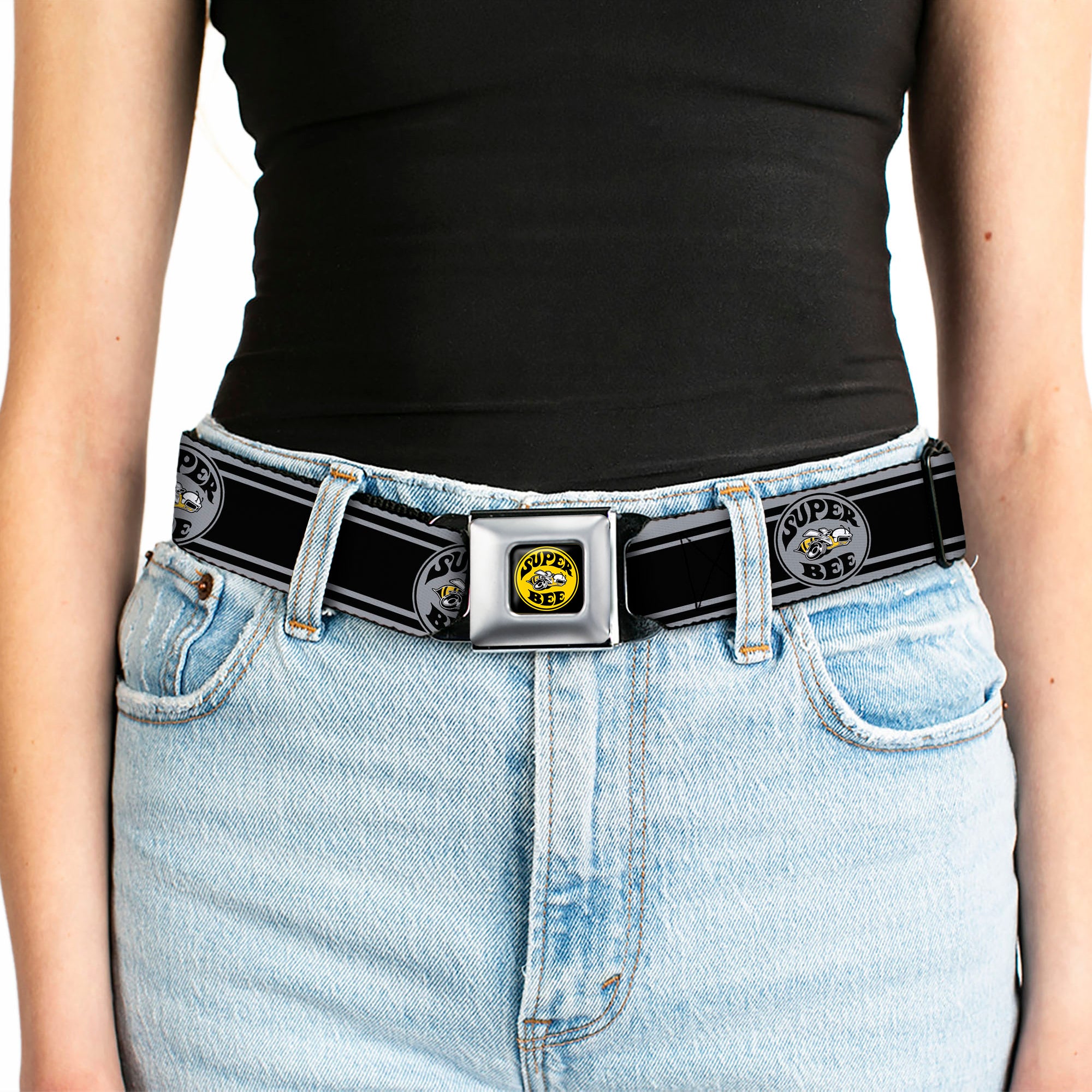 SUPER BEE Logo Full Color Black Yellow White Seatbelt Belt - SUPER BEE Logo/Stripes Black/Gray/Yellow/White Webbing Seatbelt Belts Dodge