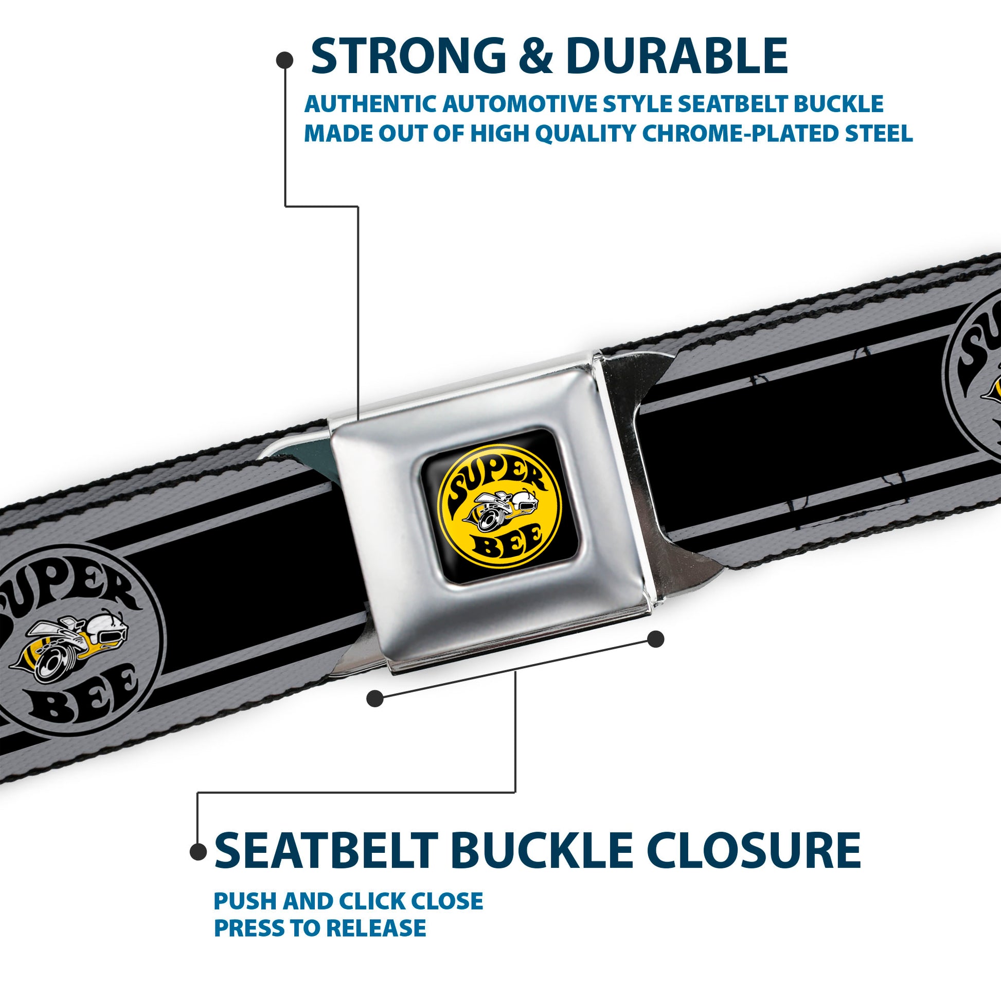 SUPER BEE Logo Full Color Black Yellow White Seatbelt Belt - SUPER BEE Logo/Stripes Black/Gray/Yellow/White Webbing Seatbelt Belts Dodge